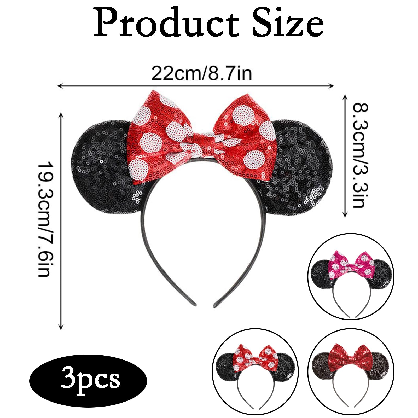 3 Pieces Mouse Ears Headband, Sparkly Bow Headwear, Mickey Ears, Kids Shiny Headband, Holiday Party Birthday Cosplay Accessories for Adults/Children