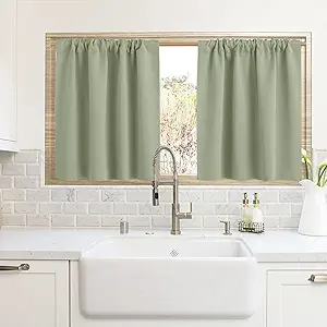 RYB HOME Blackout Curtains for Kitchen, Over Sink Privacy Curtains Window Decor, Thermal Insulating Drapes for Bathroom Cafe Bedroom Small Window, W 42 x L 24 inch, Sage Green, 2 Panels