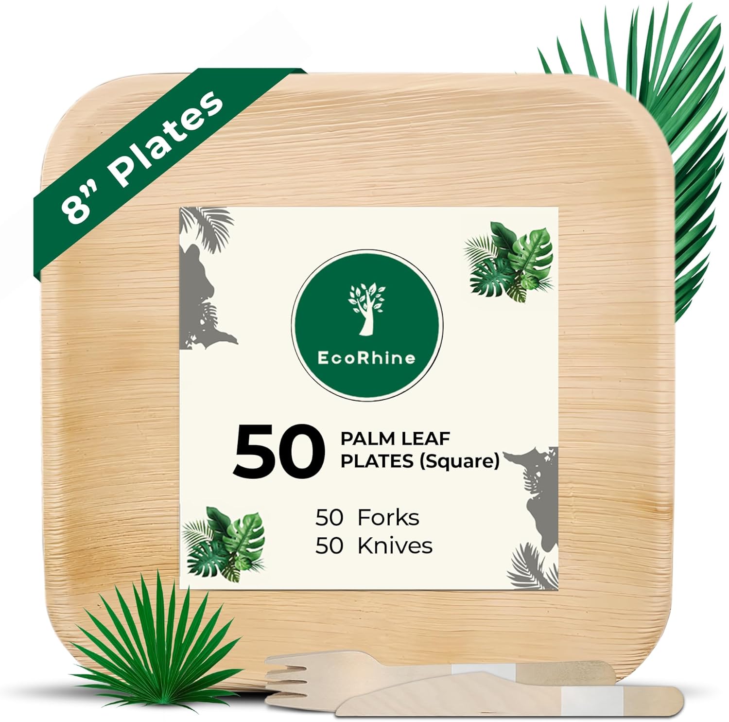 Palm Leaf Disposable Plates - Bamboo Plates Disposable 8 Inch Square (50pc) - 100% Compostable & Biodegradable Plates with Cutlery (50 Forks, 50 Knives) - Heavy-Duty, Party Dinnerware Set