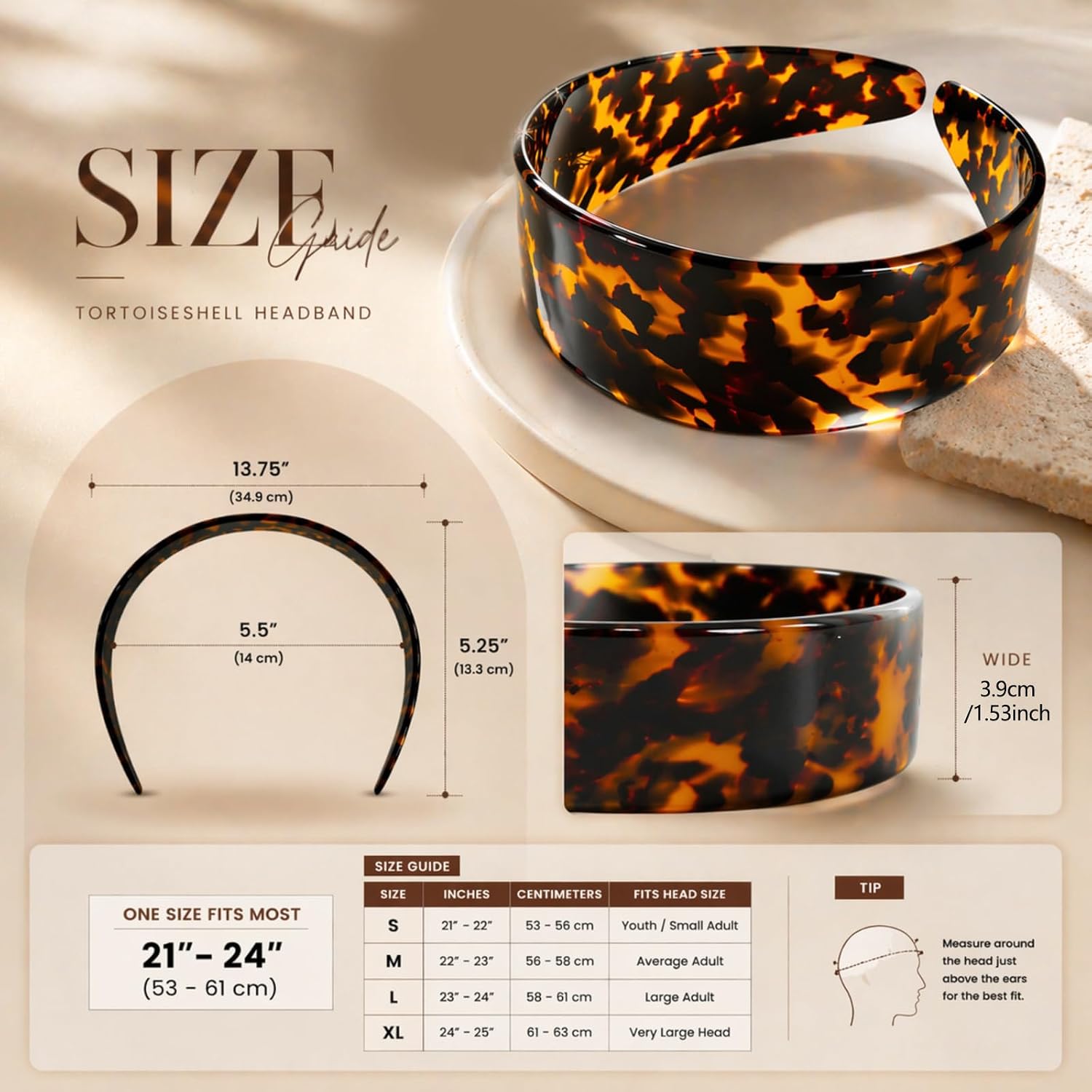 Tortoise Shell Headband, Thick Headbands for Women No Slip Versatile Head band 100% Cellulose Acetate Retro 1.53in Handmade Wide Headband with Teeth