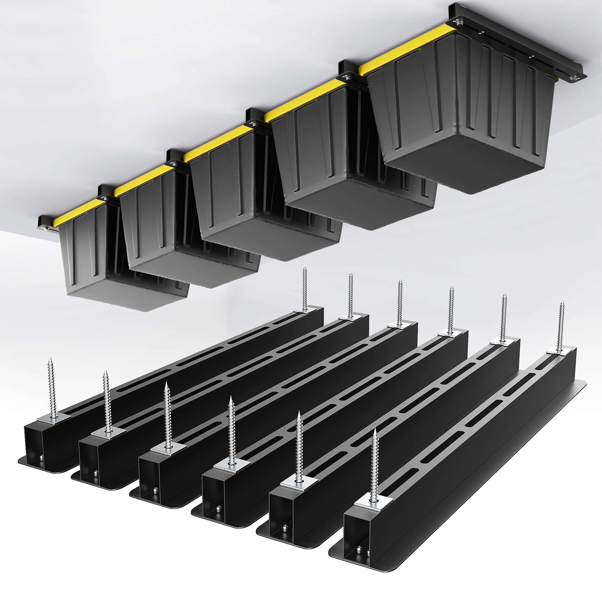 EVERHANGER Estante de almacenamiento de techo, estante de almacenamiento de garaje resistente, sistema de almacenamiento de contenedores de techo ajustable, 6 juegos para 5 contenedores, 26 pulgadas