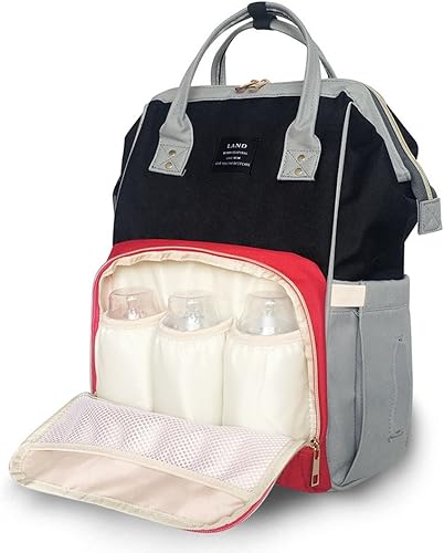 Miniatura 2 de Mochila para pañales de gran capacidad para el cuidado del bebé, diseño abierto y tela impermeable (negro y rojo)
