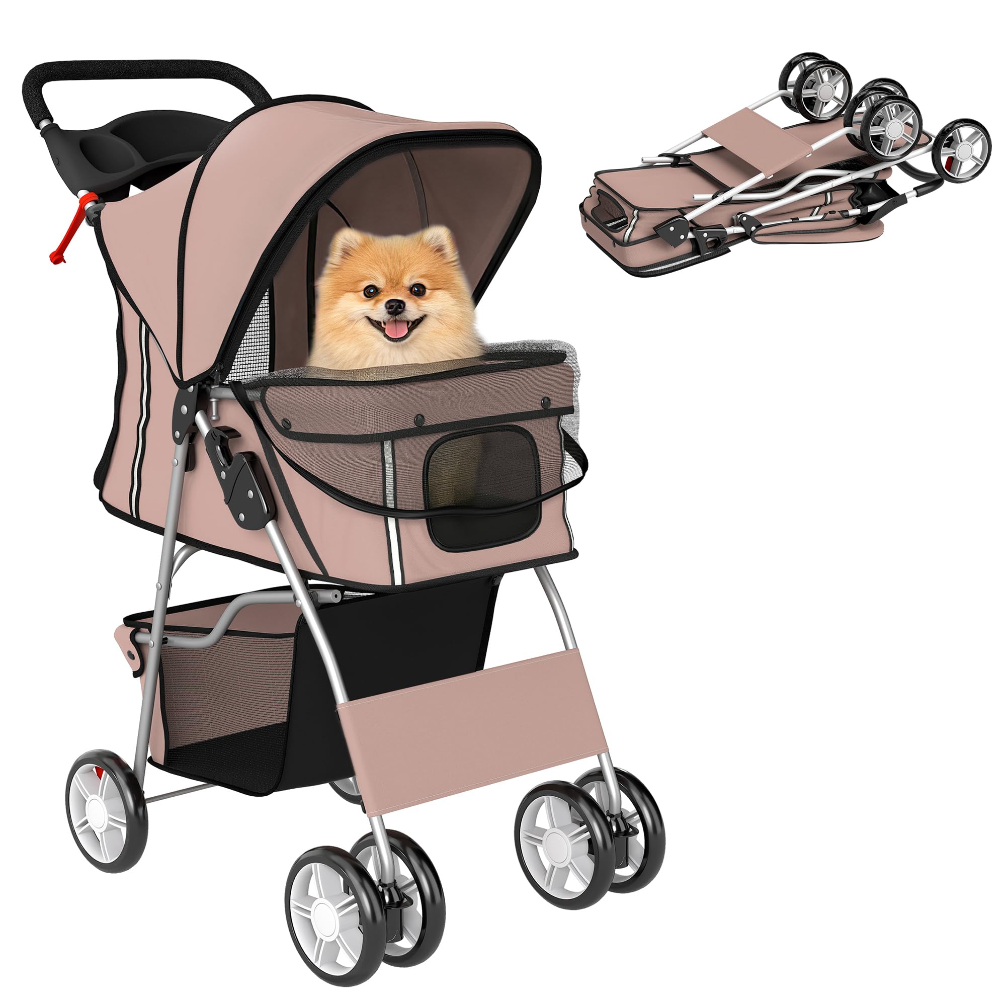PawHut Poussette Buggy Pliable Animaux, Chariot Pliante Imperméable pour Chien et Chat, Toit Amovible Incluse, Porte-Gobelet, Panier de Rangement, Roues avec Frein, Tissu 600D Oxford, Acier, Café