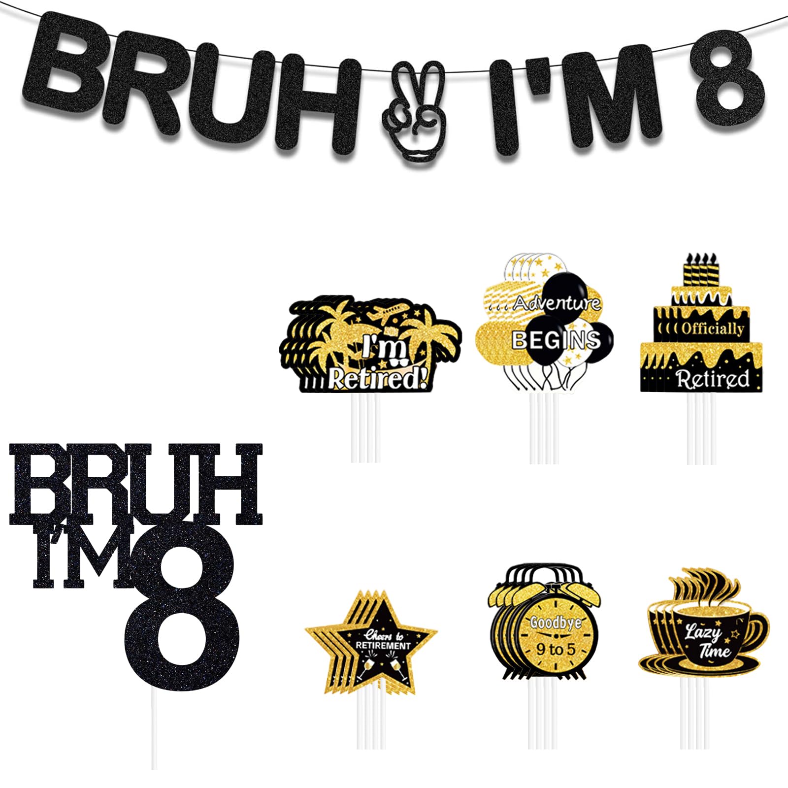 Bruh I'm 8 Banner, 26PCS Happy 8th Black Glitter Birthday Decorations