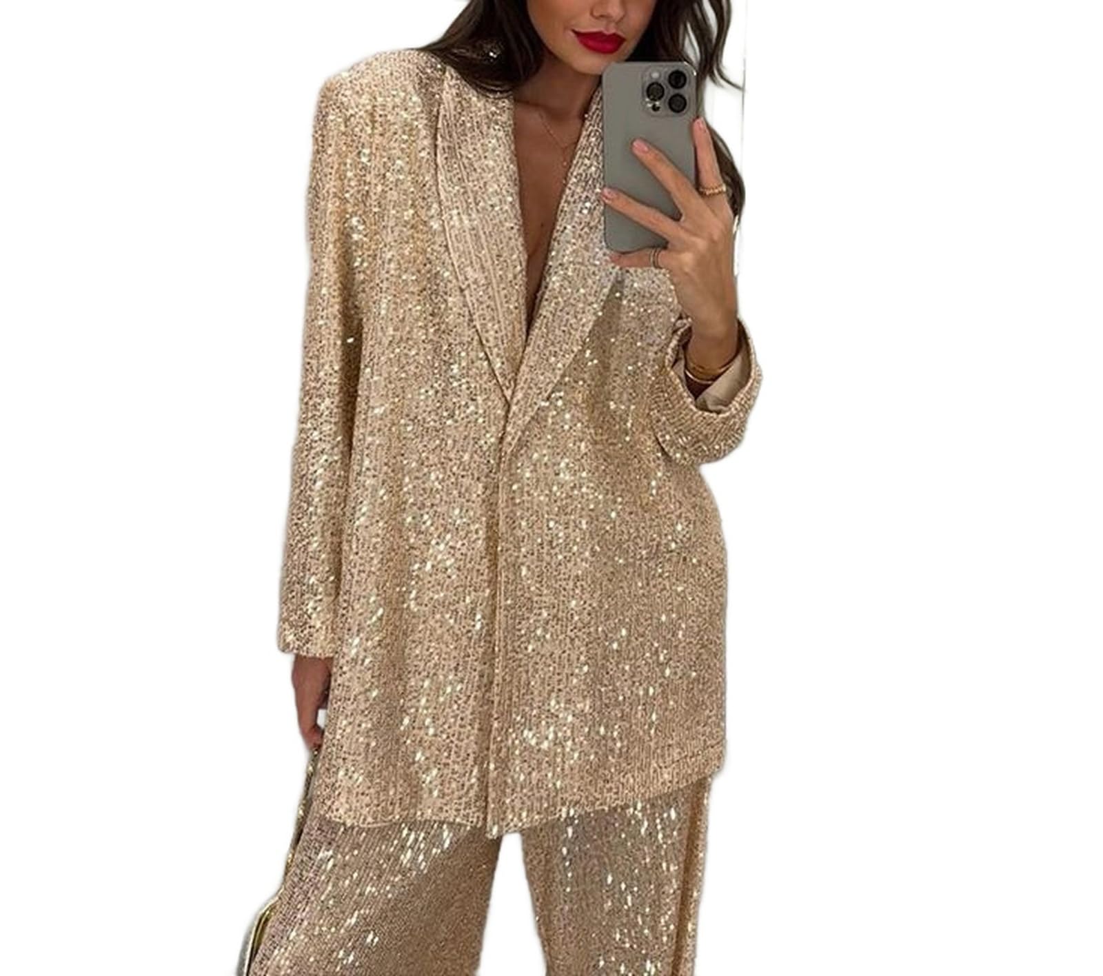 Womens Sequin Suit Jacket Lapel Collar Button Long Sleeve Sparkly Blazer Outwear