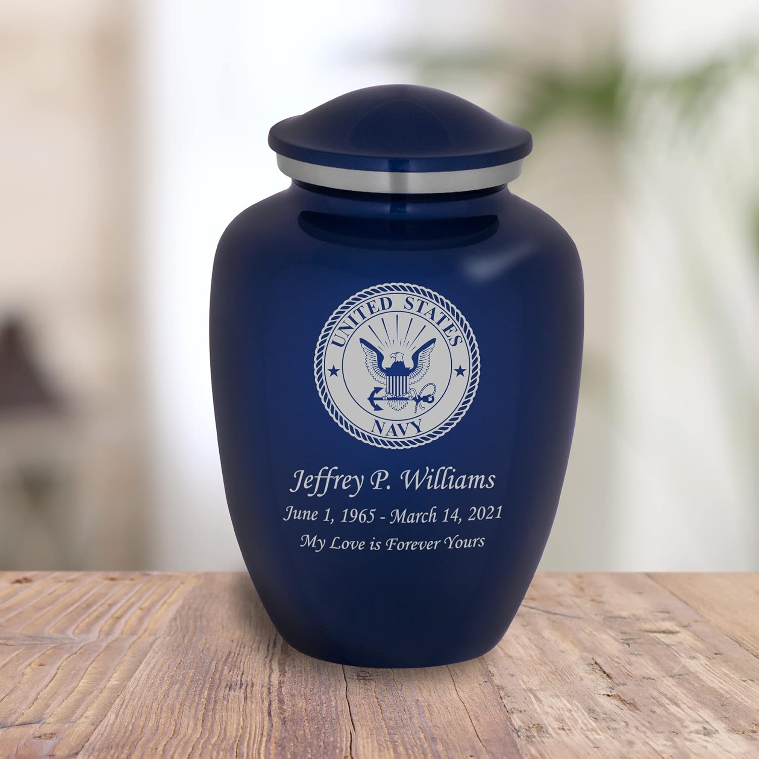 Homage Large Custom Engraved Navy Themed Cremation Urn for Human Ashes - Vase Style Cremation Urns for Adult Ashes - 200 Cubic Inch Capacity -Personalization Included (Sapphire Blue)