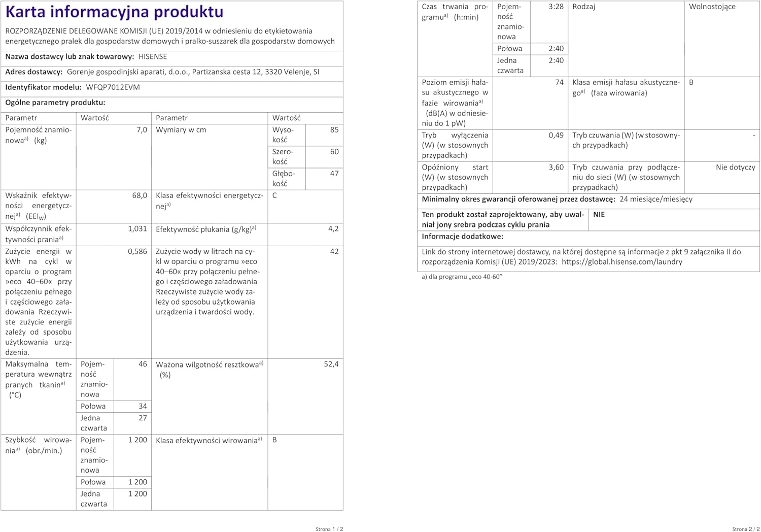 Hisense WFQP7012EVM Product Information Sheet