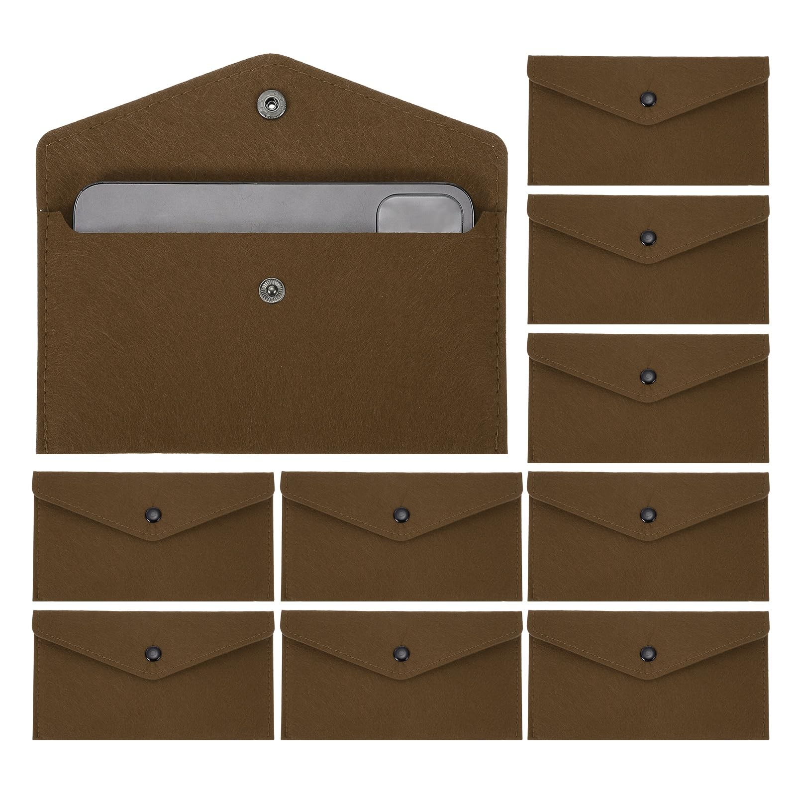 PATIKIL 10Pcs Felt Money Bag, Felt Cellphone Sleeve Case Pouch Cash Bag Button Closure Cash Envelope Wallet Storage Pouch for Card Pen Sunglasses, Dark Brown