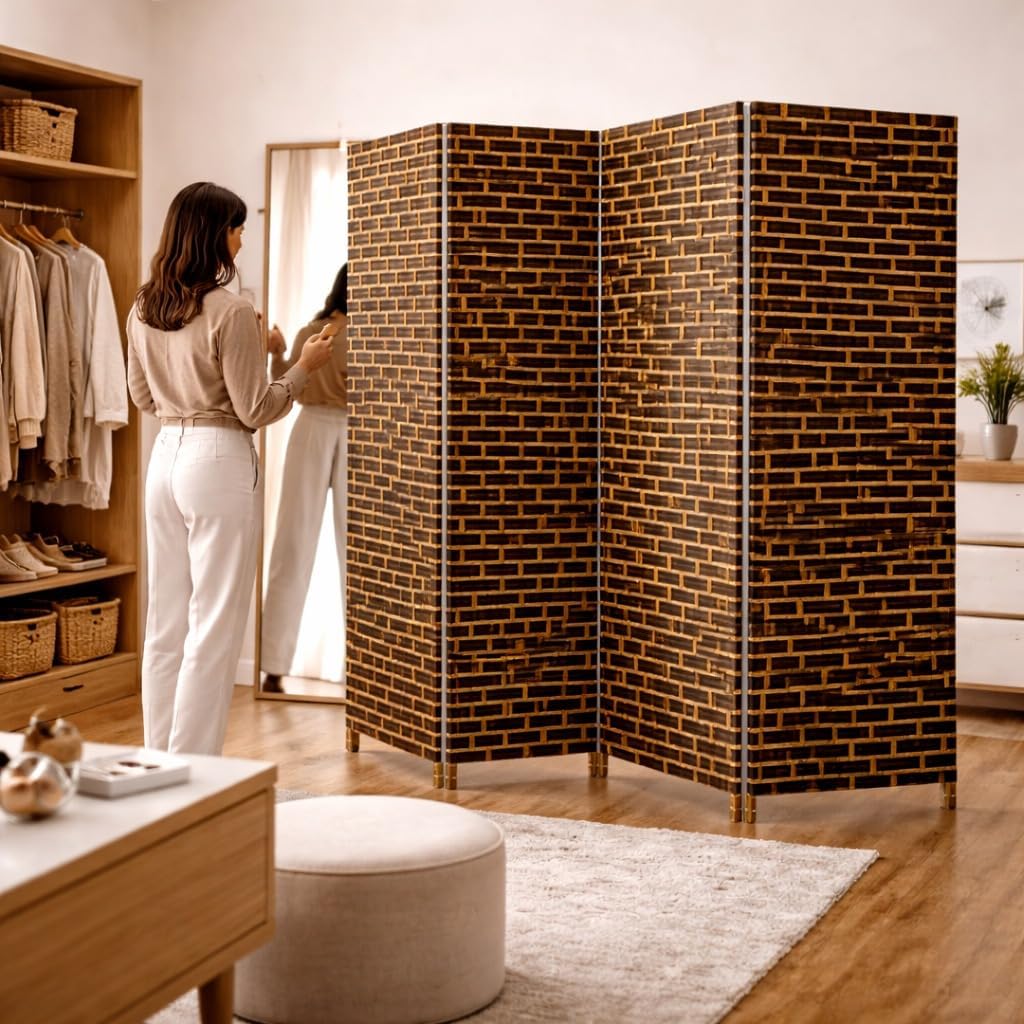 Vital 4-Panel Room Divider Folding Privacy Screen | Rattan Partition Wall for Bedroom Living Room Office | Portable Freestanding Divider Screen for Home Dcor(A6)|Brown-Beige
