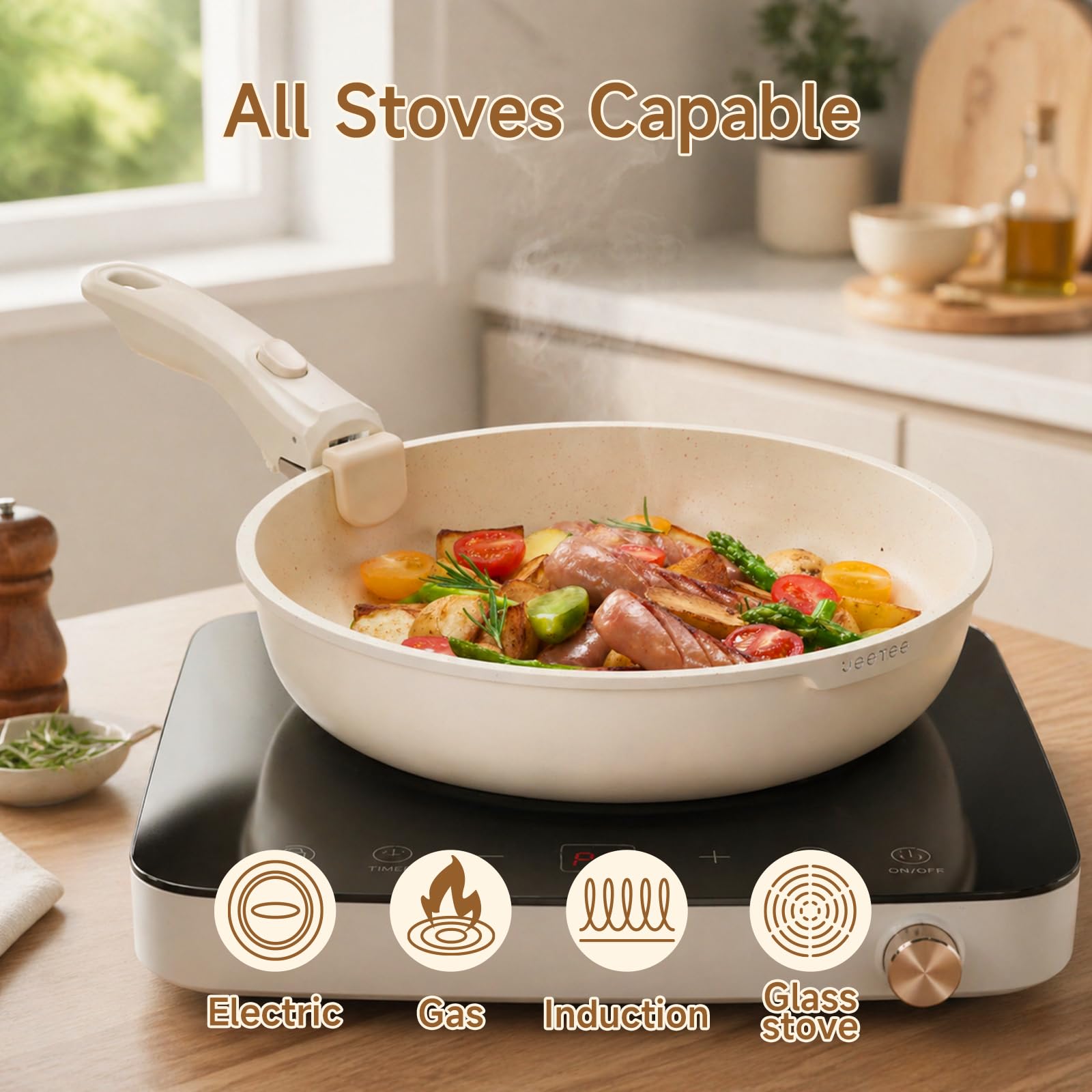 JEETEE Batería de Cocina 25 Piezas con Mangos Extraíbles, Inducción | Juego de Ollas y Sartenes Antiadherentes, Apilable, Apto para Horno 220°C, Ahorra Espacio hasta 70%
