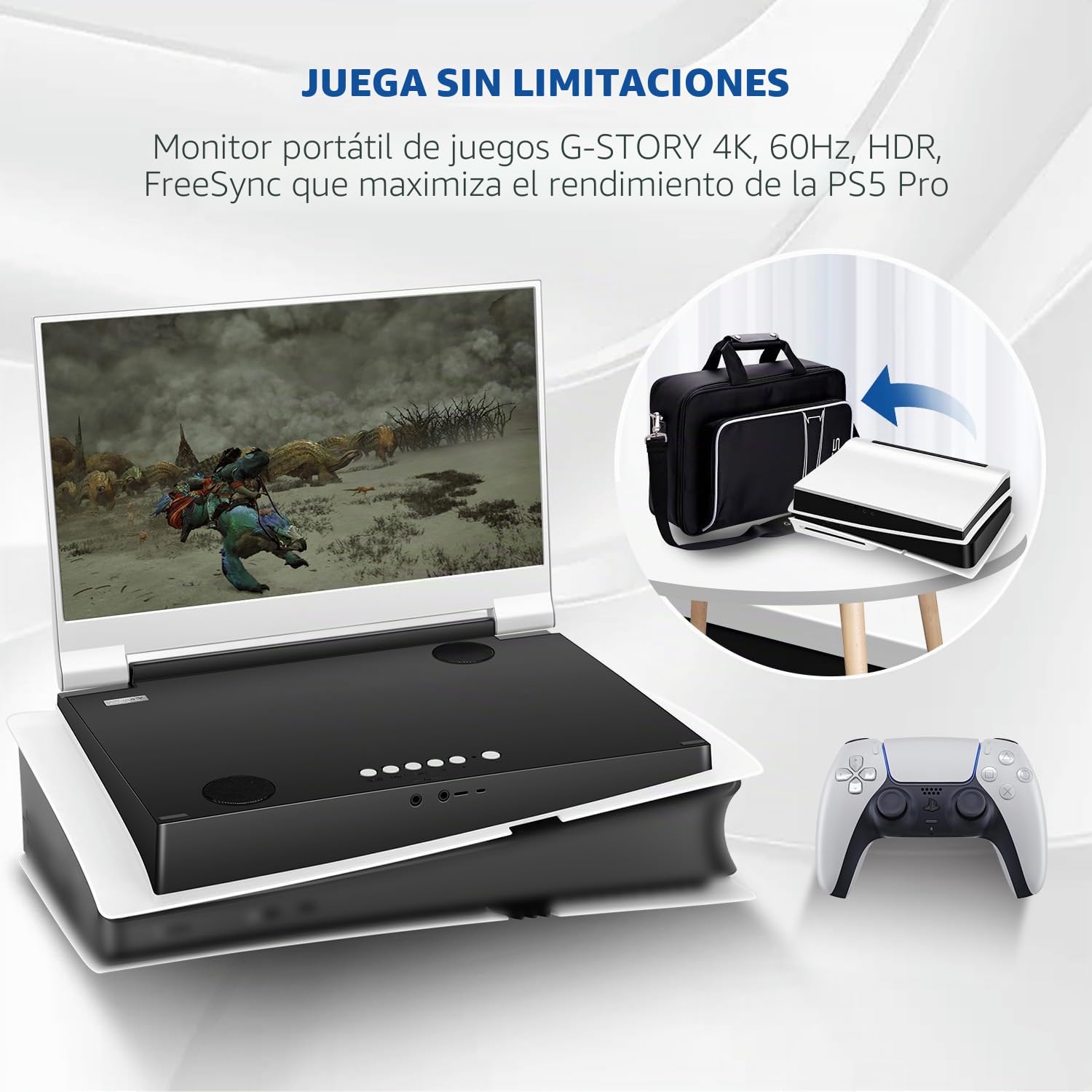 G-STORY Monitor portátil para juegos de 14" IPS 4K 60Hz con integración para PS5 pro (PS5 pro no incluido) 3840×2160 con 2 puertos HDMI, FreeSync, 2 altavoces estéreo multimedia integrados