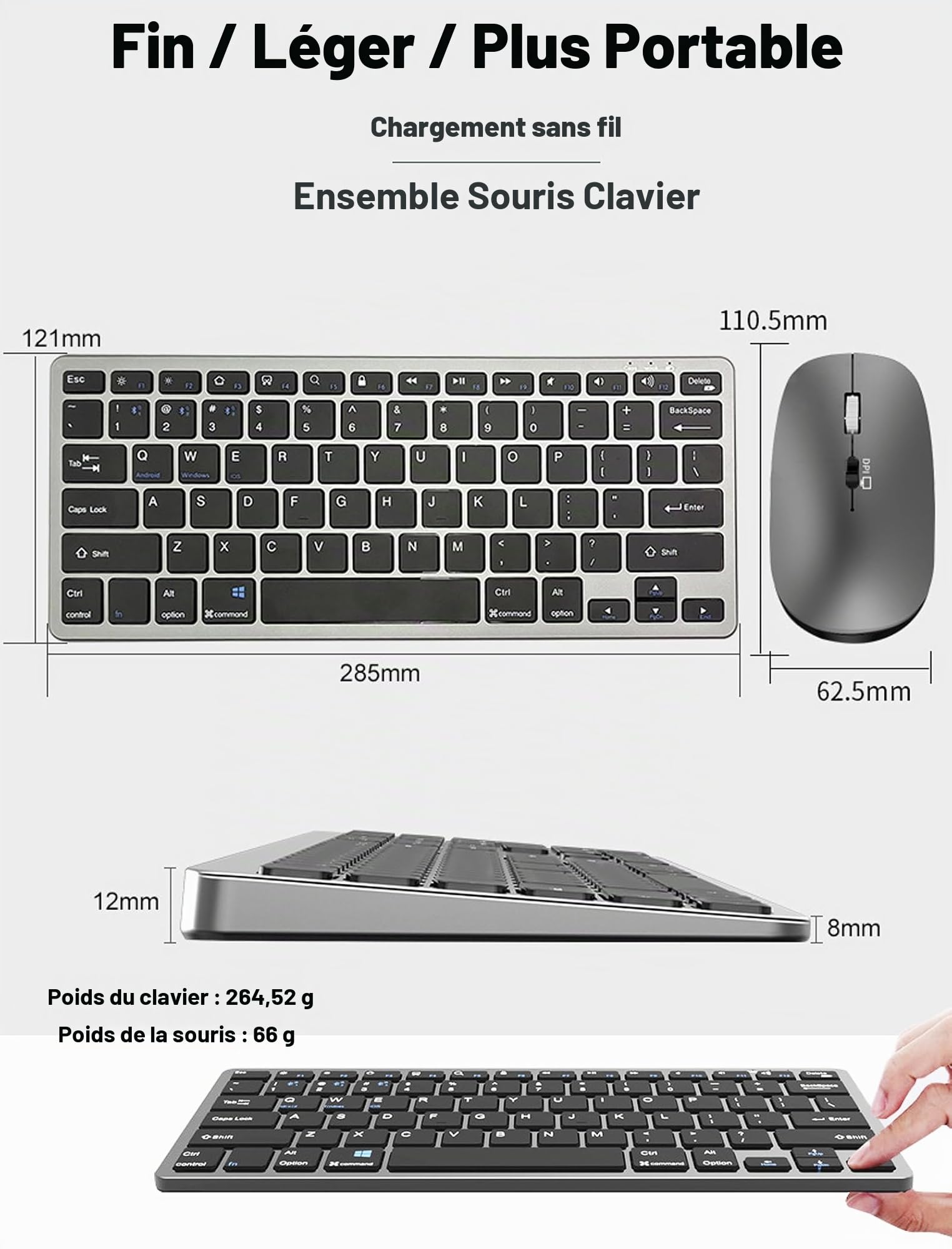 Ensembles Clavier et Souris sans Fil 2.4Ghz & 3 Bluetooth,Clavier Souris sans Fil Rechargeable Ultra-Fin Compact,Souris Silencieuse 3 D-PI Réglables,pour Ordinateur/PC/Laptop/Windows/Mac,QWERTY, Noir