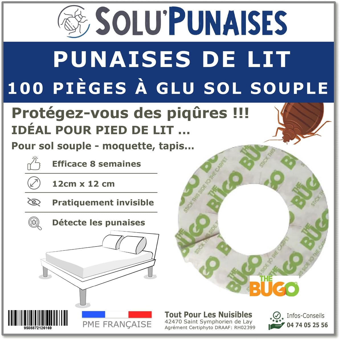 Pièges punaises de lit The BUGO | Lot de 100 glu pour pied de lit sur sol souple