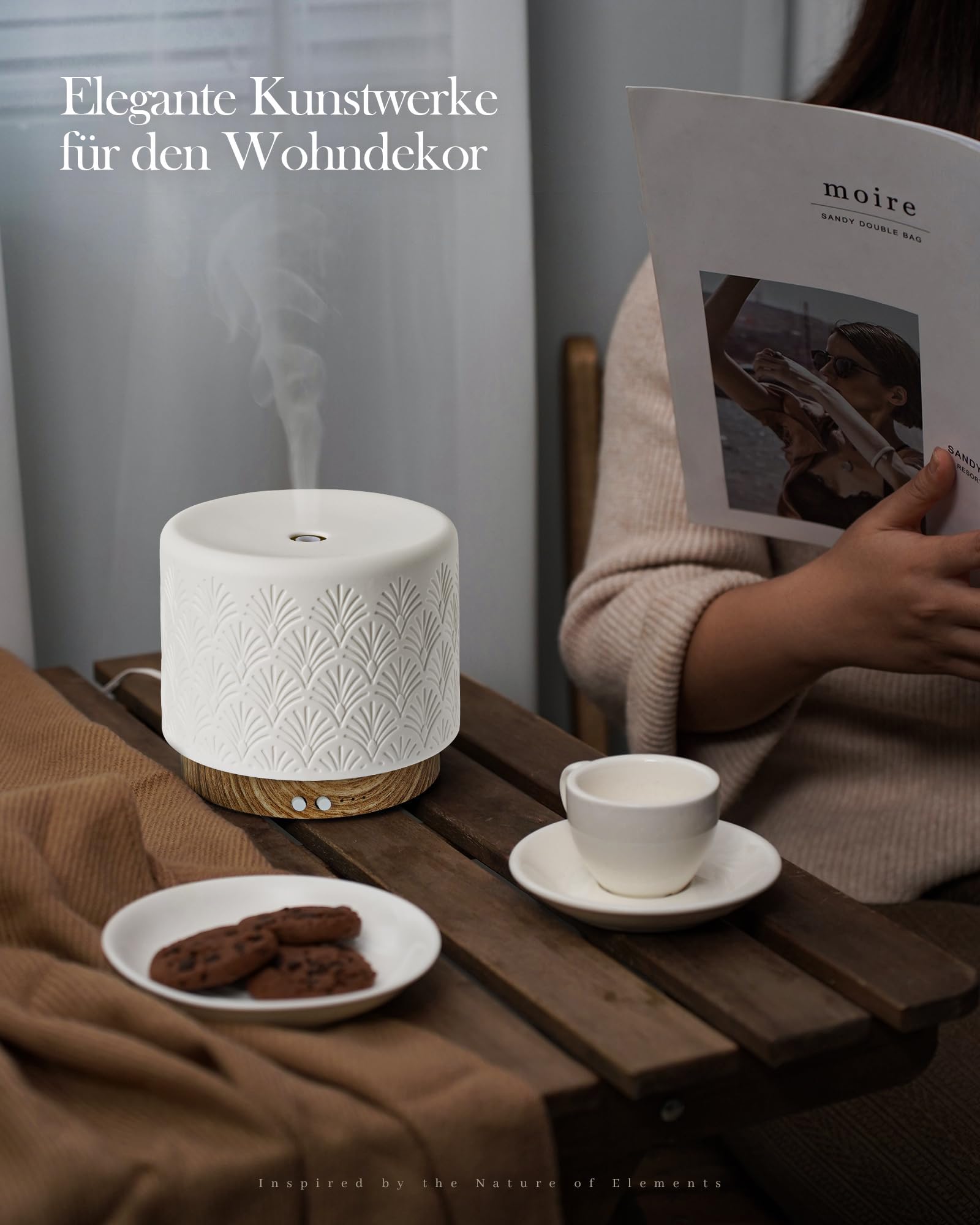 Difusor de aroma – Difusor ultrasónico de aceites esenciales de 280 ml con humidificación del aire y luz nocturna para dormir de cerámica, apagado automático, sin BPA, silencioso, ideal para el hogar