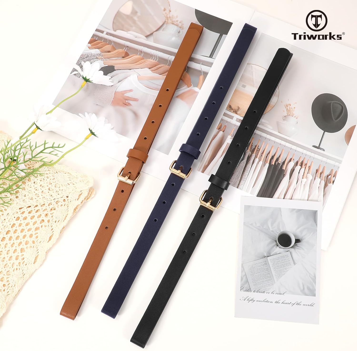 TRIWORKS 3 Pack Women Skinny Leather Belt for Jeans Pants Dress Ladies Thin Waist Belt with Gold Buckle - Image 3