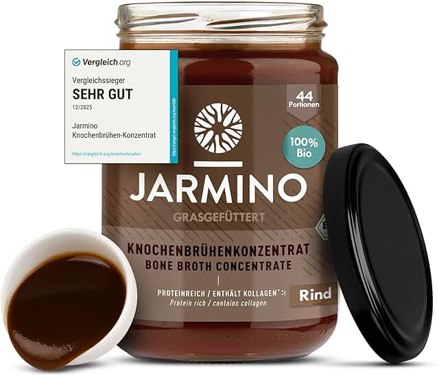 JARMINO Bio Rinderknochenbrühe Konzentrat, Grasgefütterte Brühe für Menschen, Flüssige Knochenbrühe mit Kollagenprotein, Keto, Paleo & AIP geeignet, Halal Rinderbrühe, 440 g, 44 Portionen