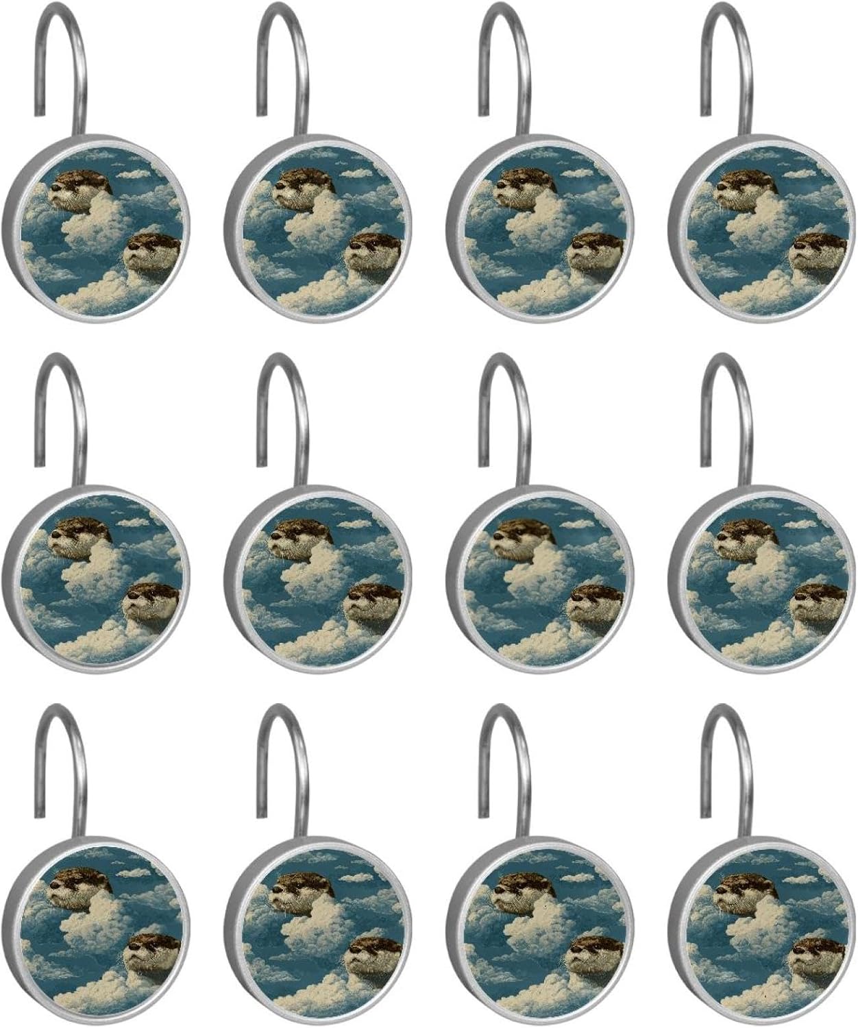 Otters Clouds Blue Rolling Shower Curtain Hooks,Clear Crystal Glass Art Decorative Stainless Bath Bathroom Set 12 Pcs