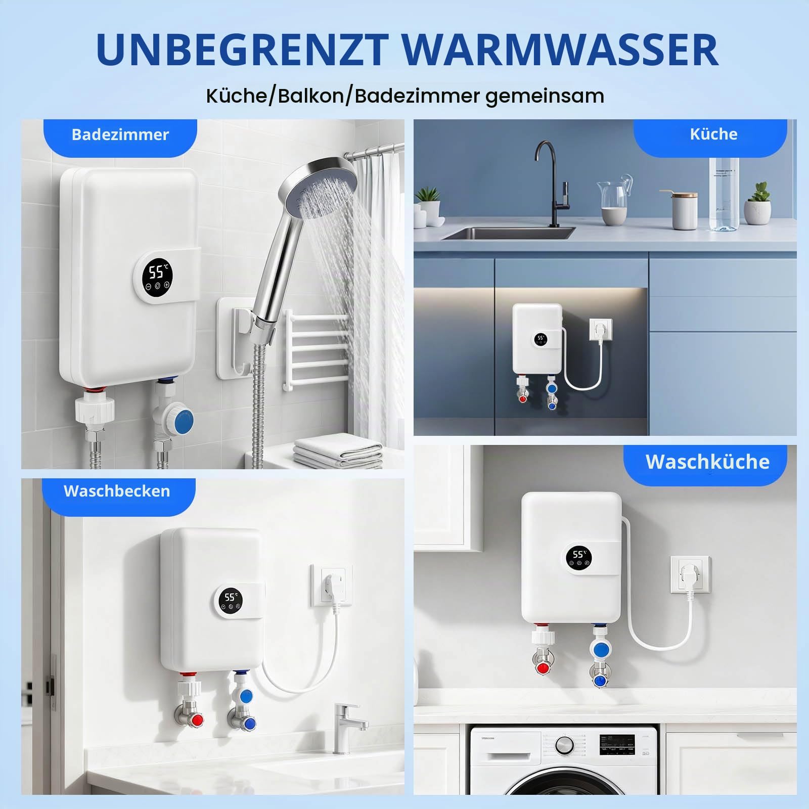 Mini Elektrischer Durchlauferhitzer, 5.5KW 220V Instant Elektro Wassererhitzer with Duschdüse, Tankless Dusche Heißwassersystem für Badezimmer Küche Garten, mit Ablesbarer Led-Temperaturanzeige