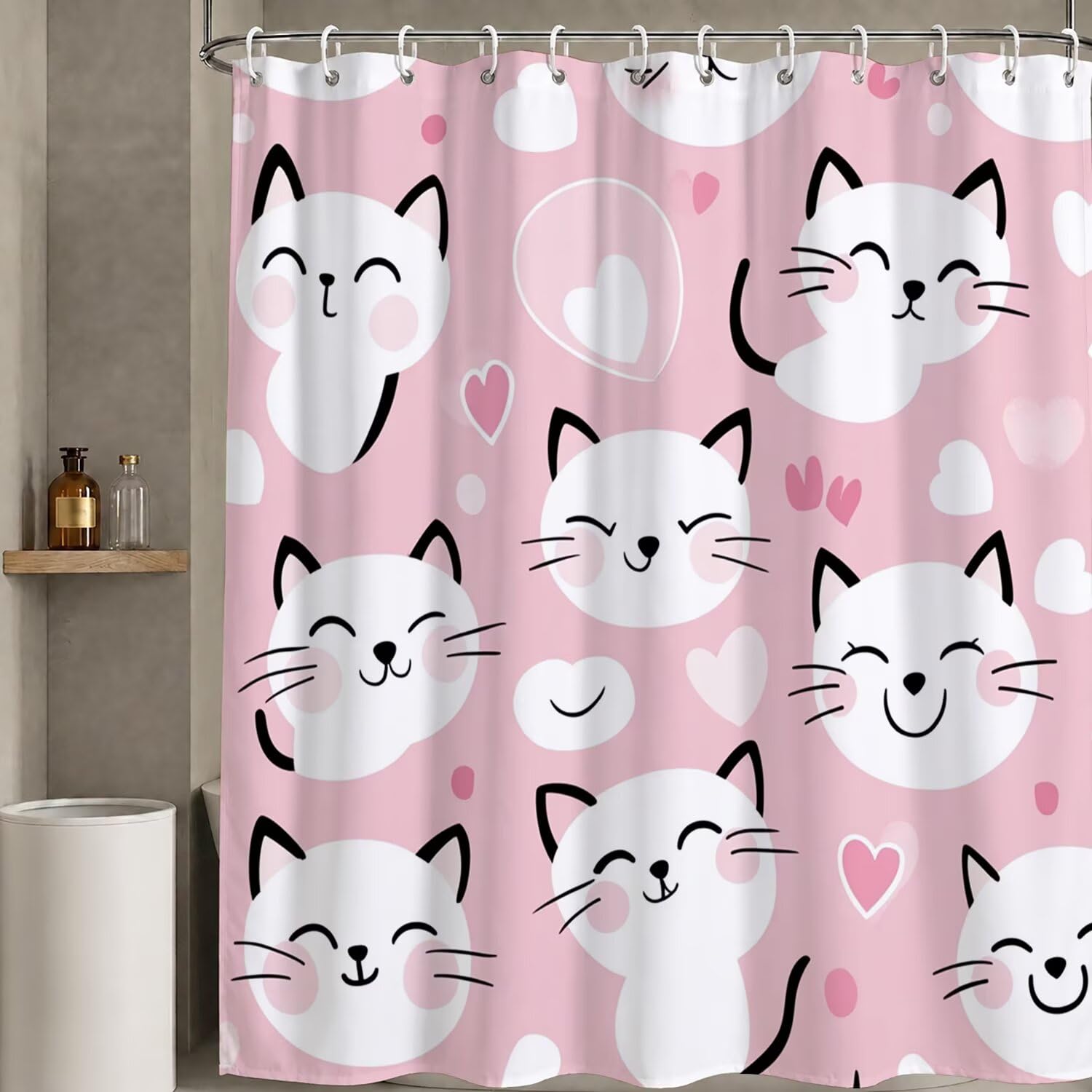 Rideau de douche haut de gamme en tissu polyester rose à motif chat 150x180