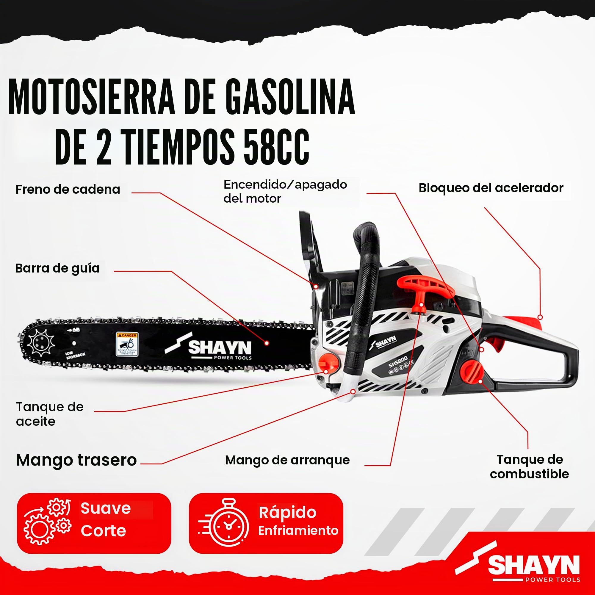 SHAYN Motosierra Gasolina de 58 cc – Sierra de cadena con mango superior de 2 tiempos con barra de espada de 50 y 40 cm, 4 cadenas de repuesto, antivibración - Ligera con 3 años de garantía