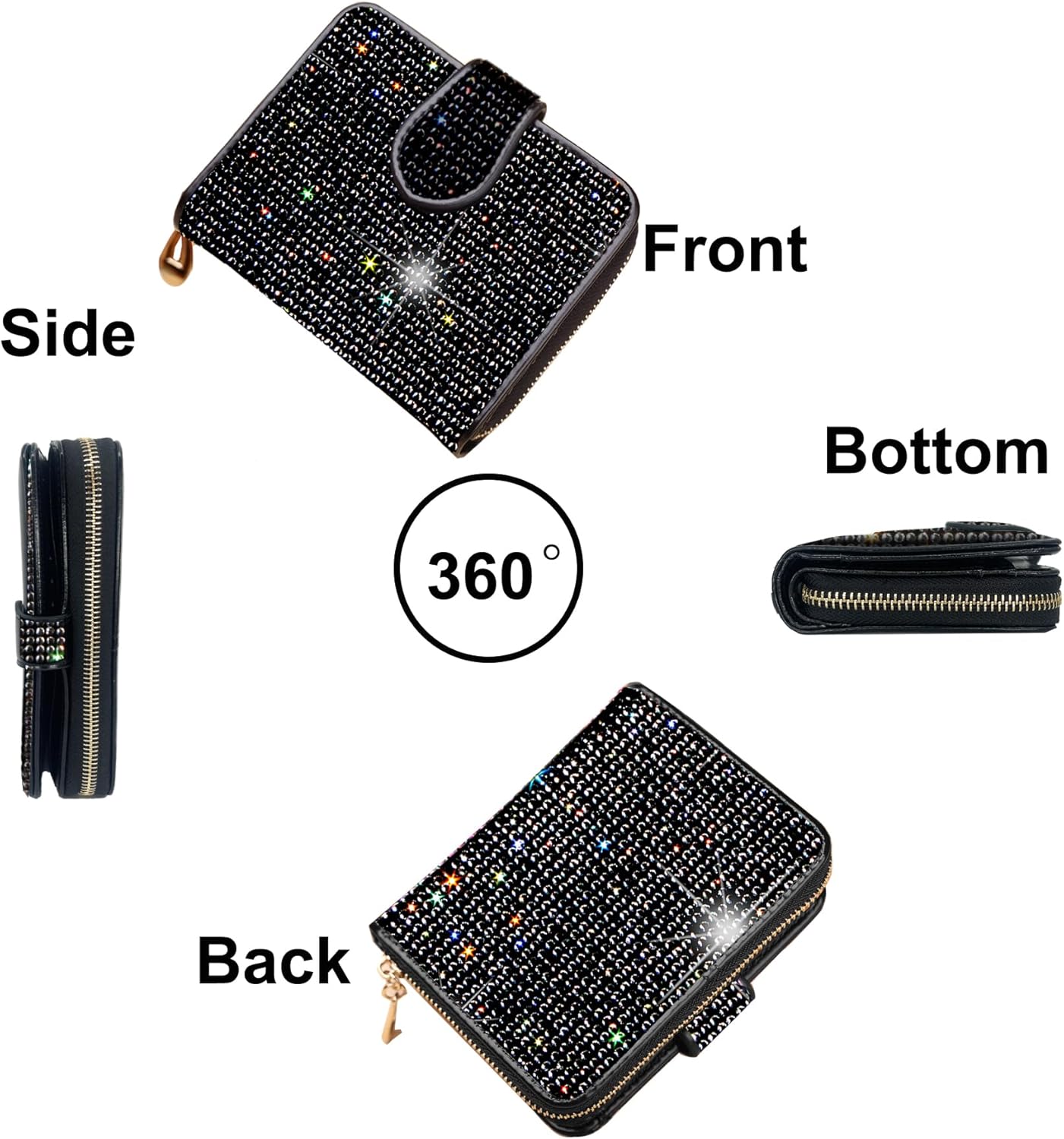 Bling Rhinestone Small Womens Wallet Girls Clutch Artificial Diamond Purse Credit Card ID Coin Holder W/Zipper Black - Image 4