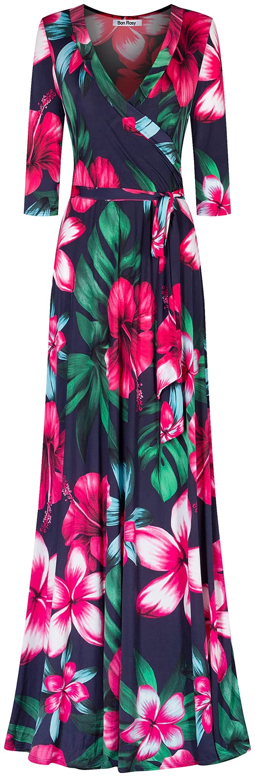 Women's 3/4 Sleeve V-Neck Printed Maxi Faux Wrap Dress Navy Fuchsia S