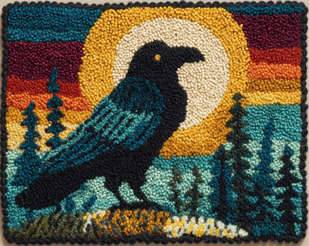 Kitquiver Latch Hook Kits for Adults Beginners Rug Full Moon Crow DIY Crochet Yarn Embroidery Handmade Needlework with Printed Canvas for Home Decoration 23X35In