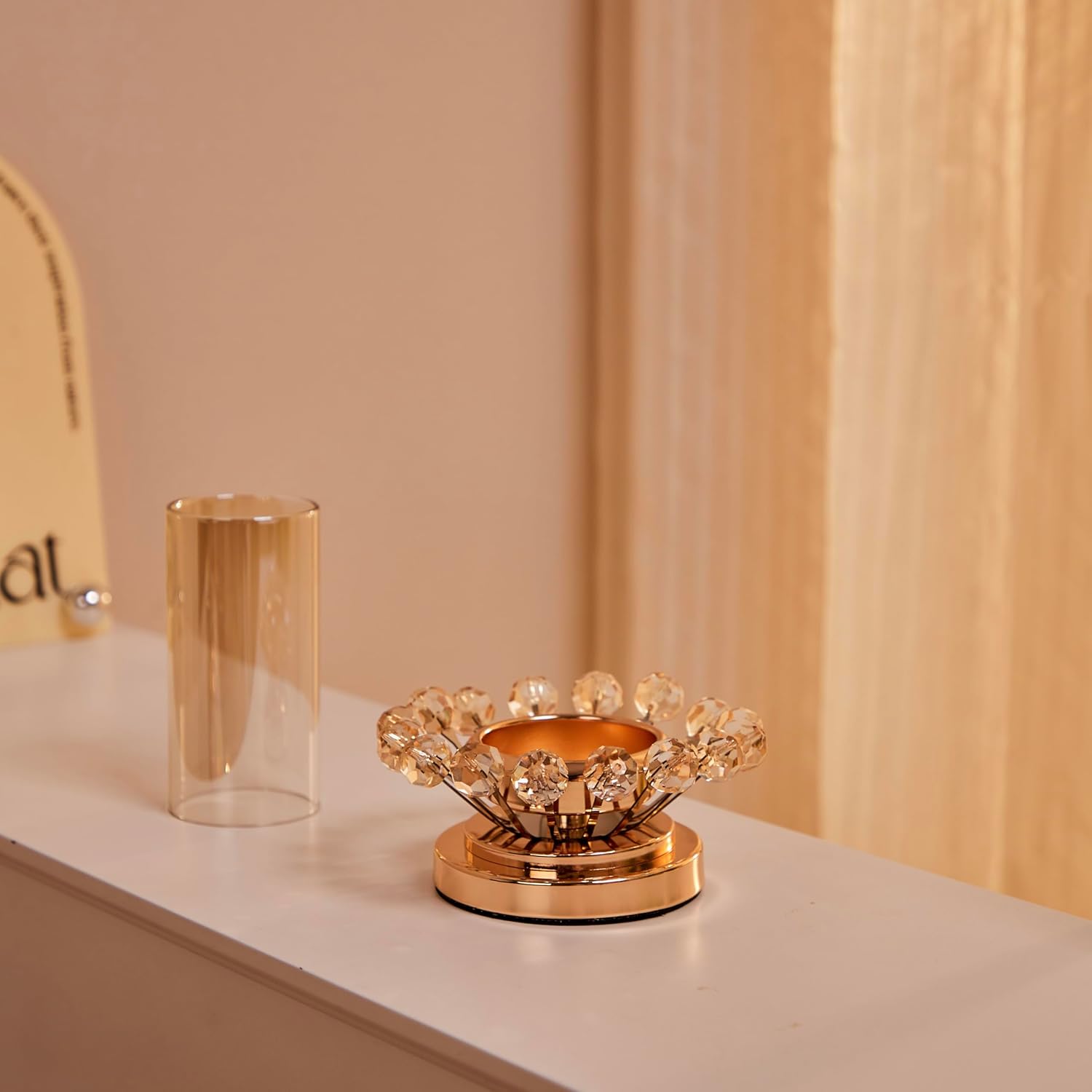 Hurricane Candle Holder, Gold Pillar with Crystal Accents & Windproof Glass Lid - Elegant Centerpiece for Weddings, Dinners, Party Decor - Image 6