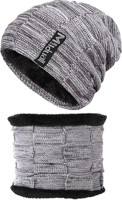 Winter Warm Knit Beanie Hat Neck Warmer Scarf Set with Thick Faux Rabbit Fur Lined for Men and Women