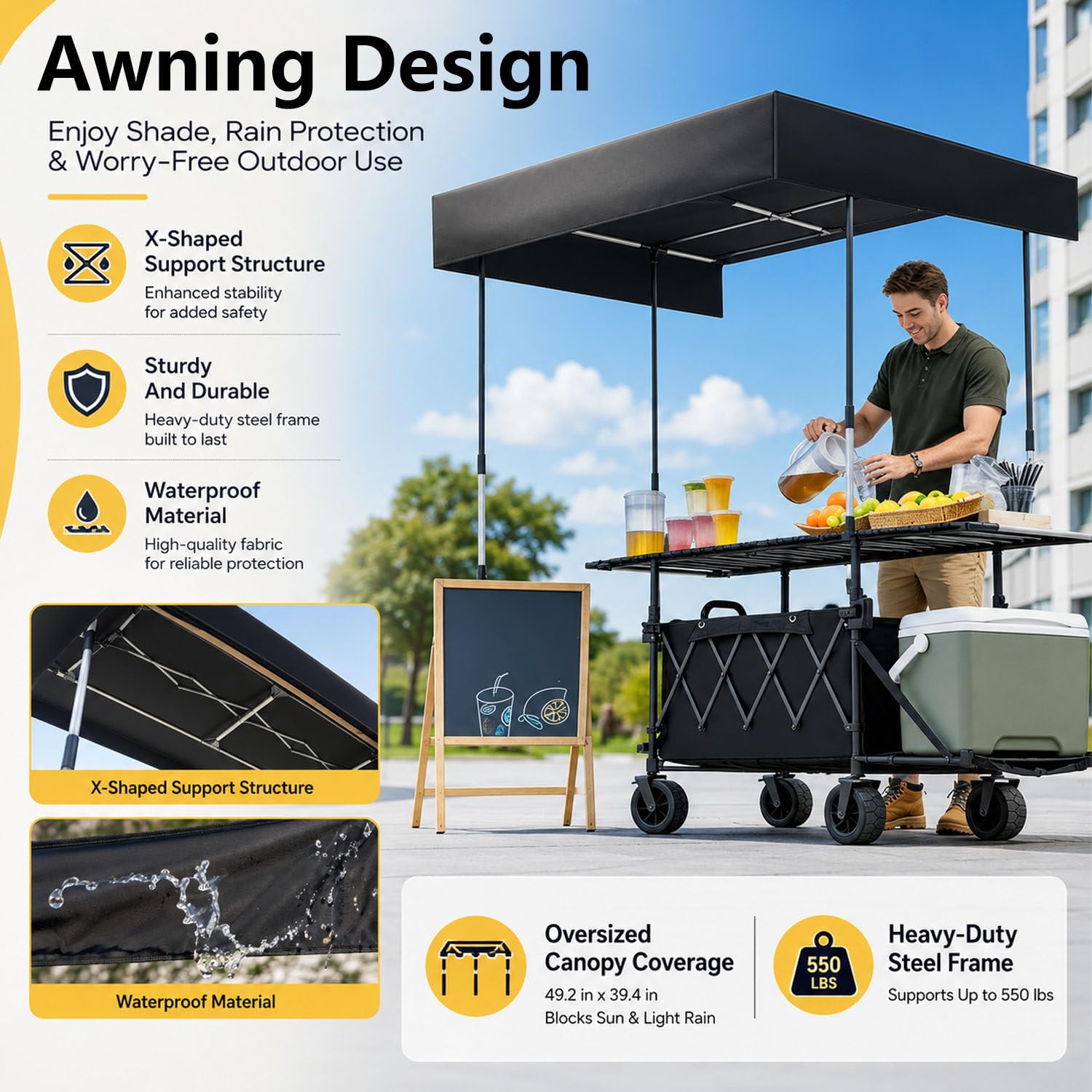 Carrito Plegable con toldo, Puesto móvil portátil para Venta de Comida o Mercado, Carrito de jardín Resistente con Ruedas, Ideal para Venta Ambulante y Eventos. Purple