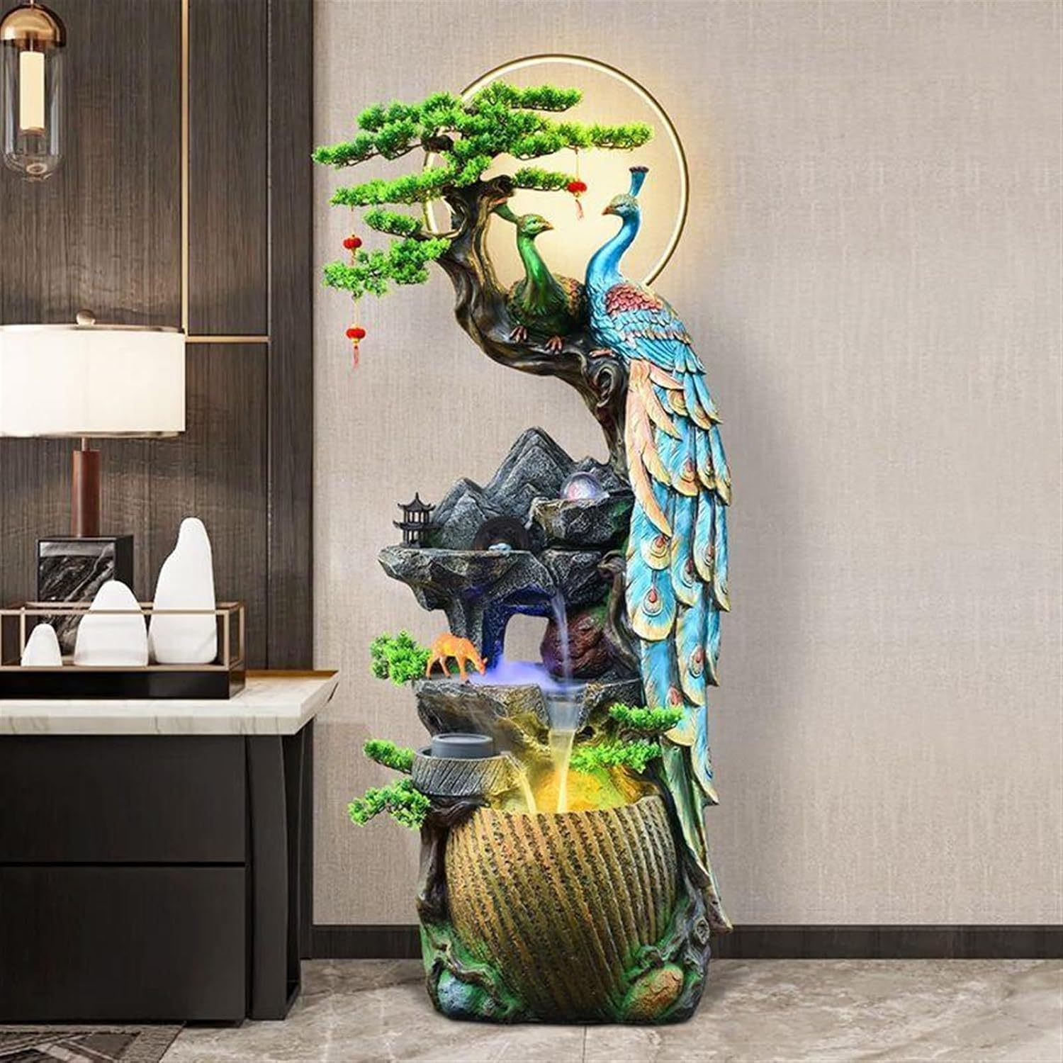 Floor Standing Water Fountain, Peacock Water Fountain with LED Glass Color Changing Globe, Small