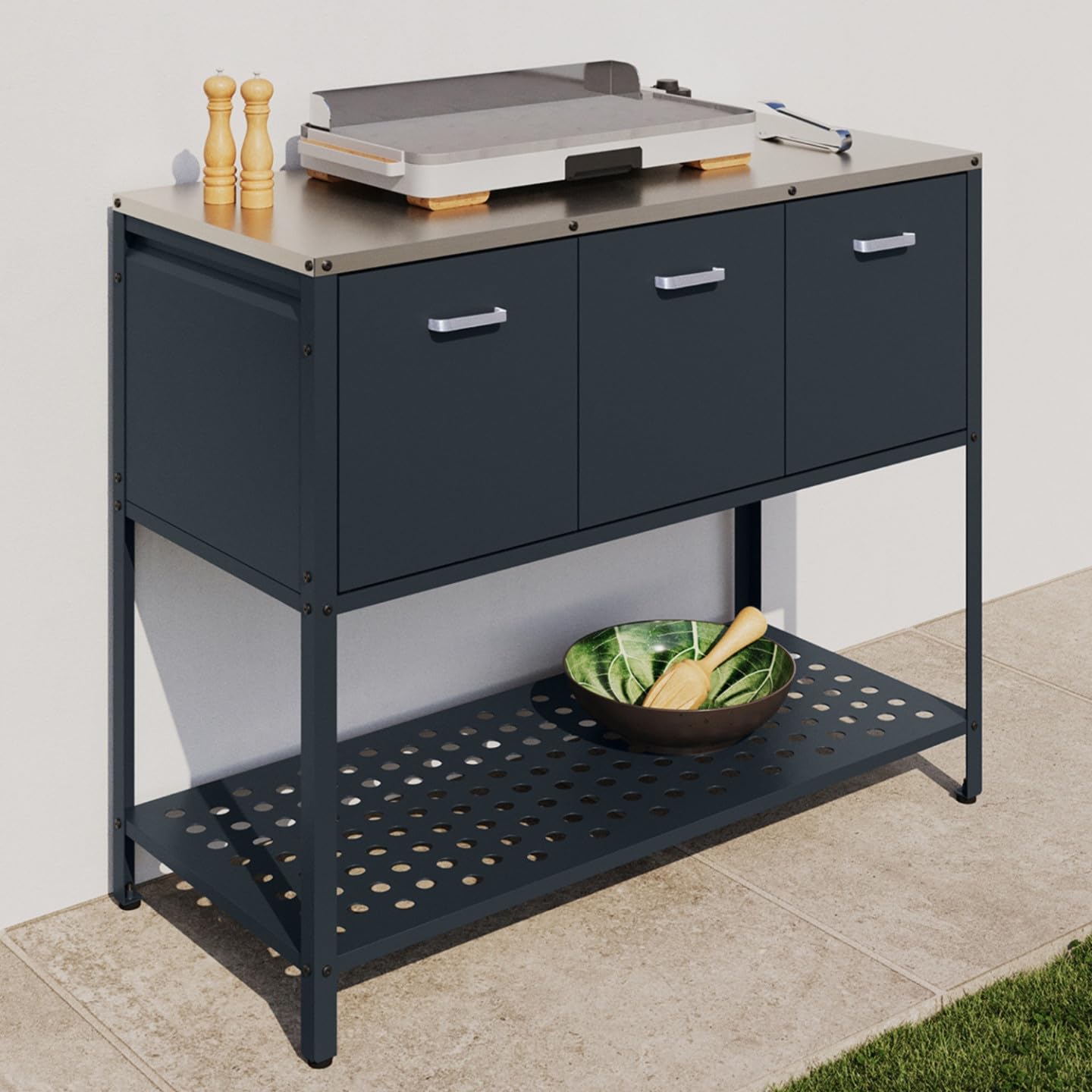 Meuble de Cuisine extérieure Pareo 3 Portes avec étagère en Acier Gris Anthracite