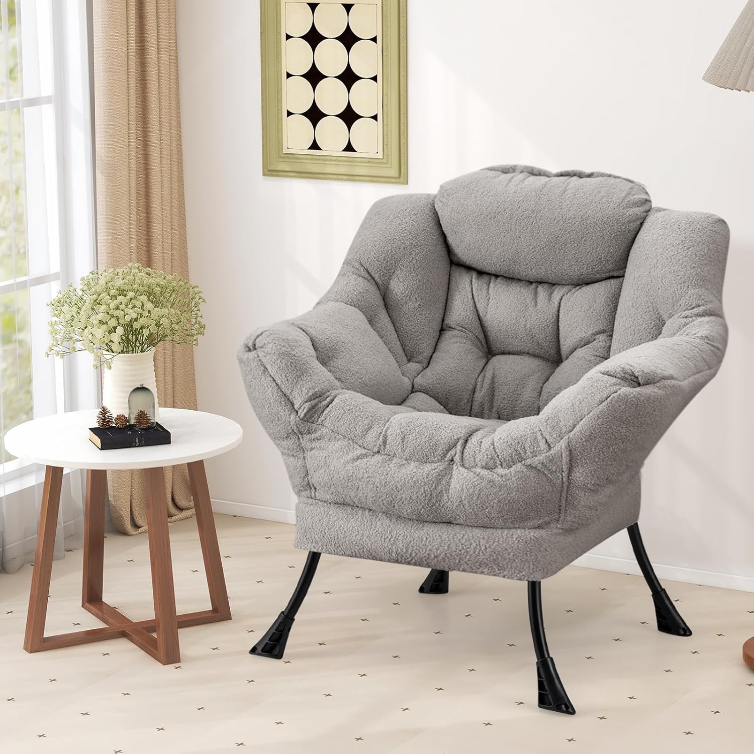 GIANTEX Sillón de Lectura Moderno con Estructura Metálica, 80 x 74 x 97 cm, Silla de Sofá Tapizado de Vellón Falso, Sillón Individual con Reposabrazos y Bolsillo Lateral, para Salón, Oficina (Gris)