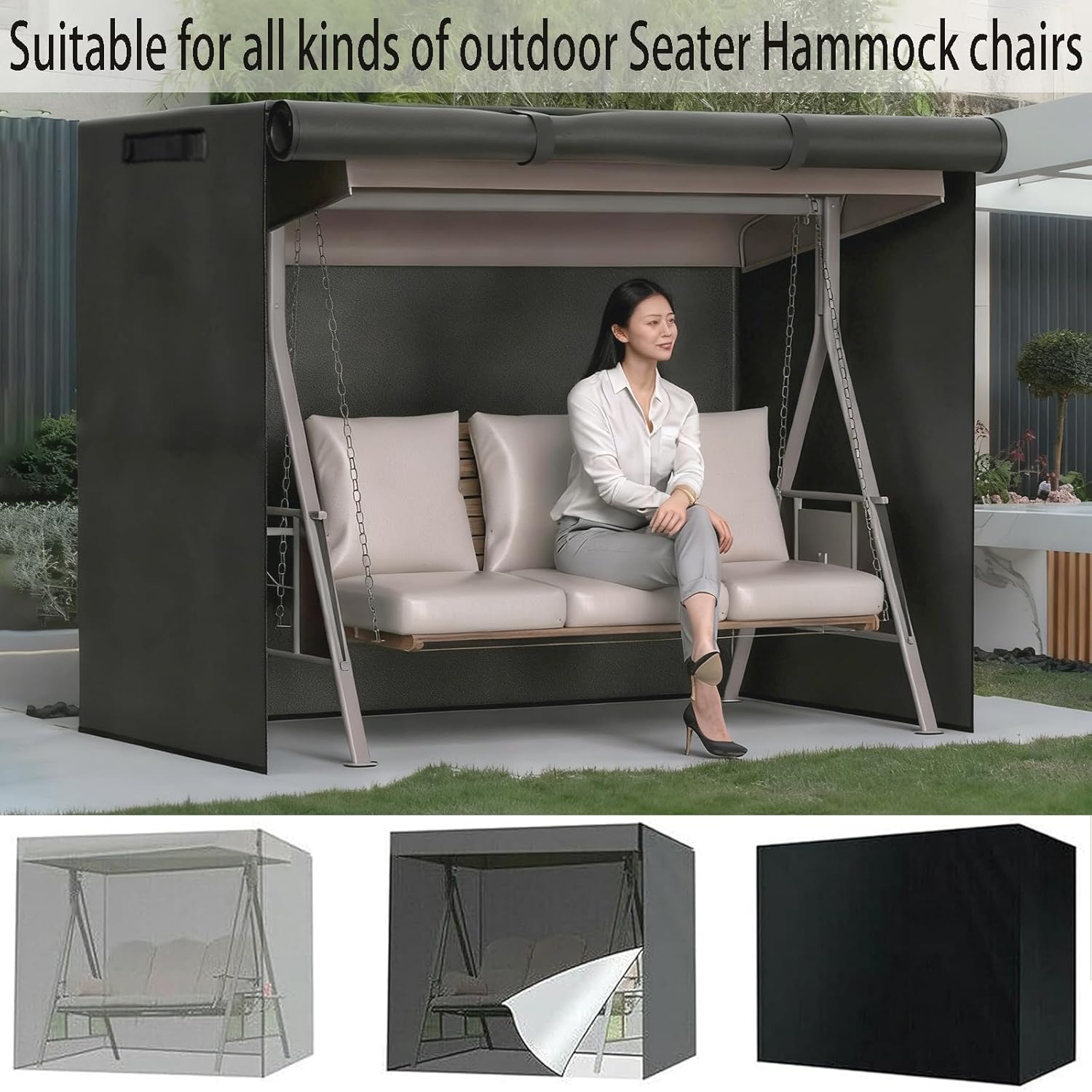 Outdoor Swing Cover, Waterproof Hammock Cover Fits Patio Swing 1/2/3/4 Seater & Backyard Garden Porch Swings,Hammock Glider Chair Patio Furniture Covers,Black,70Lx48Wx60H/ in