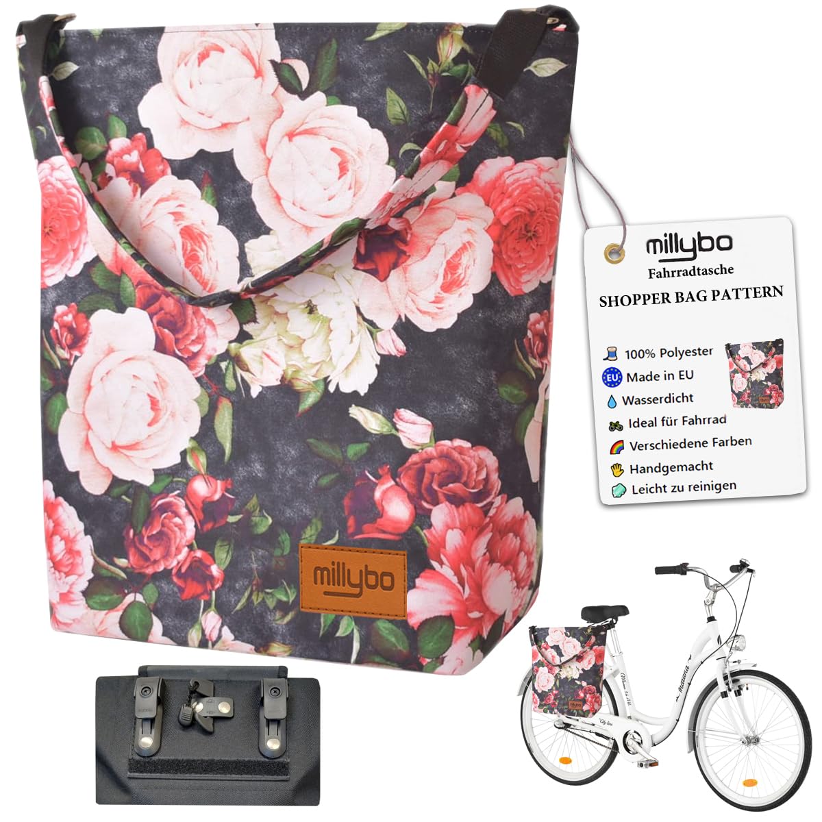 SHOPPER BAG Fahrradtasche Gepäckträgertasche Fahrrad Tasche Einkaufstasche Blumenmuster Blumen Muster