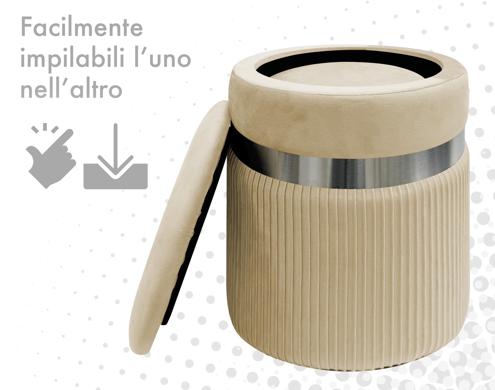 IlGruppone Set Di 2 Pouf Contenitori In Velluto Design Moderno Poggiapiedi,Tondo con Coperchio Rimovibile e Seduta Imbottita - Panna