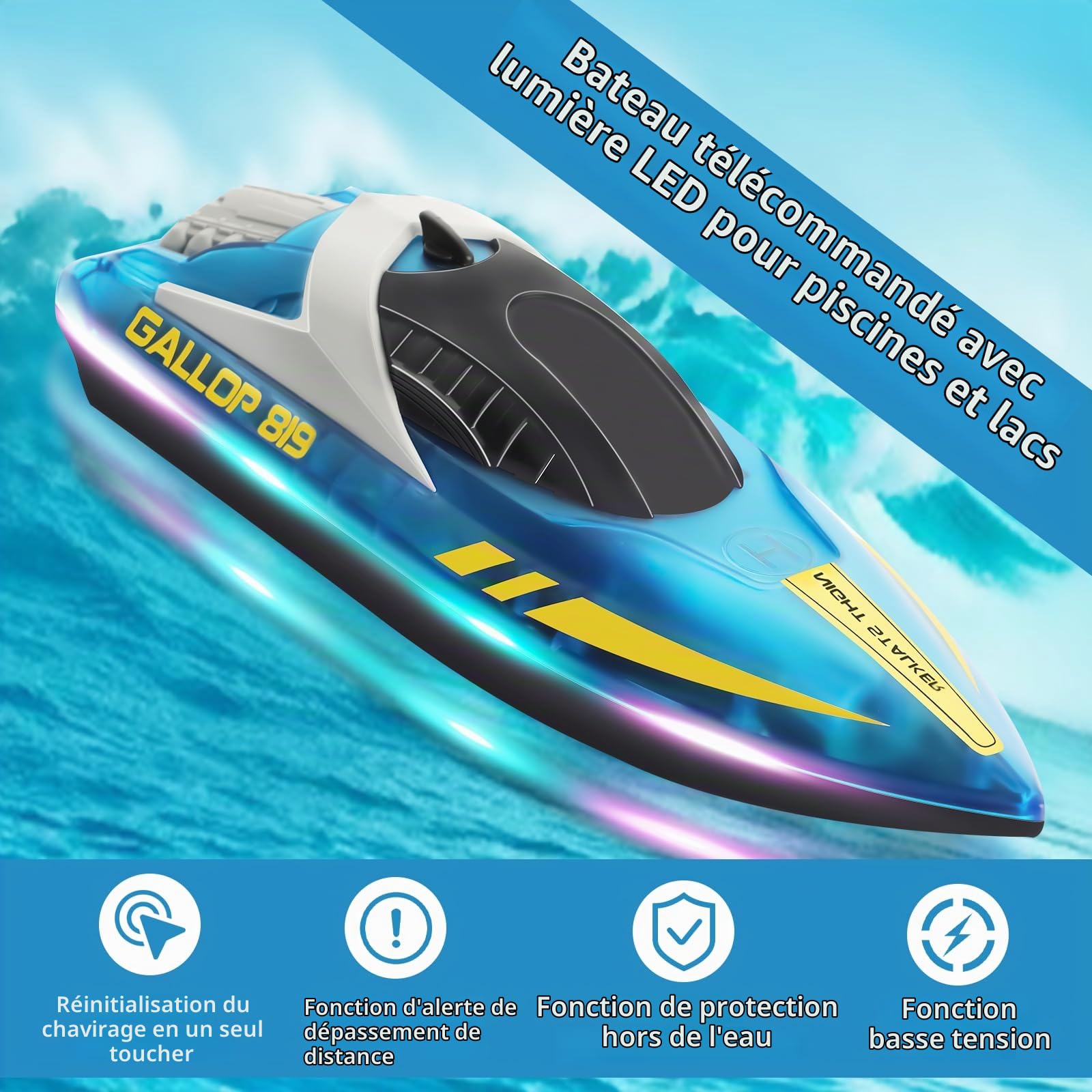 Bateau Télécommandé avec Lumières LED, 2,4 GHz RC Boat Entièrement Proportionnel, Jouets de Piscine, Récupération de Chavirage, pour Adultes, Enfants, Piscine, Lac, Étang