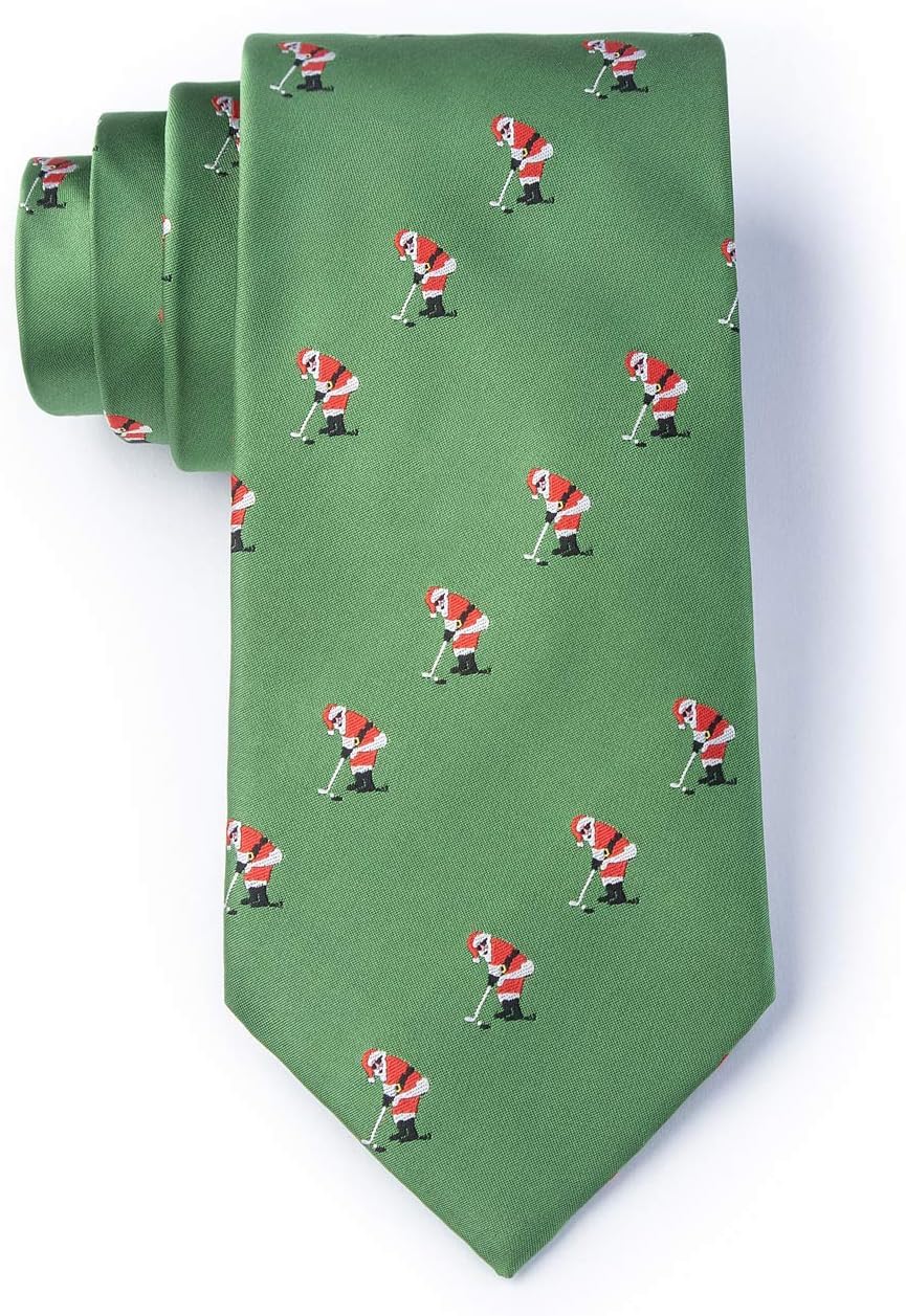 Bhhjkk Unisex As Pic Men's Green Christmas Santa Claus Golfing Golf Novelty Holiday Tie Necktie Neckwear