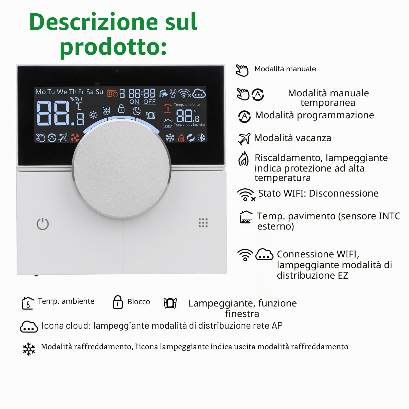 Wengart Smart Termostato per Stanza WG12, AC230V 3A 2.4GHz Funziona per Riscaldamento a Pavimento ad Acqua, Termostato Compatibile con Alexa e Google Home, Ruota per Impostare la Temperatura, Modalità