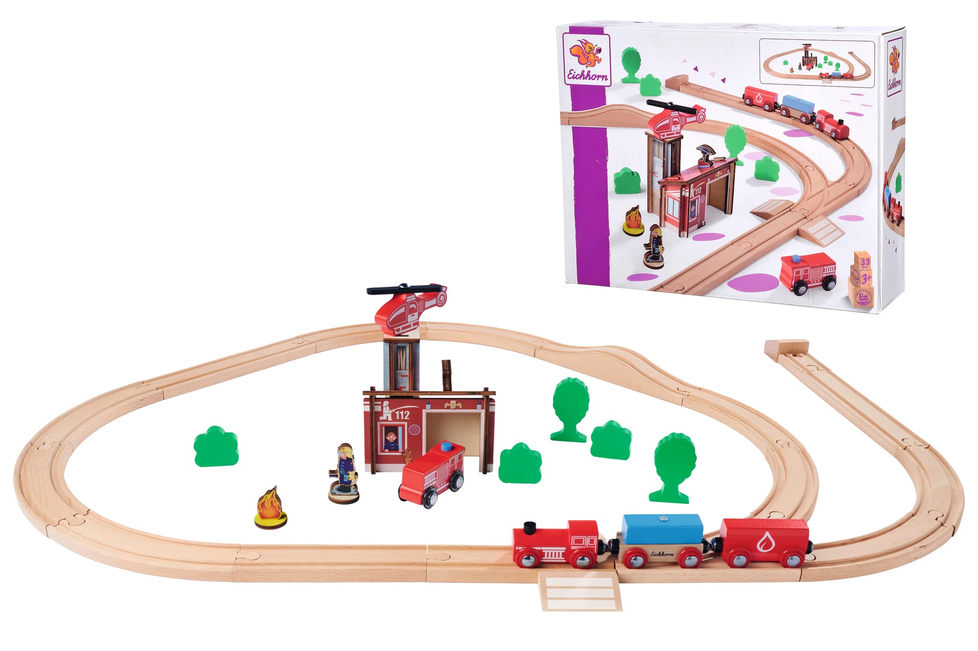 Eichhorn Schienenbahn 100006205 Feuerwehr-Set, 33 teilig, 295 cm Streckenlänge, FSC zertifiziertes Buchenholz, verbaubar mit Anderen Schienenbahnsystemen