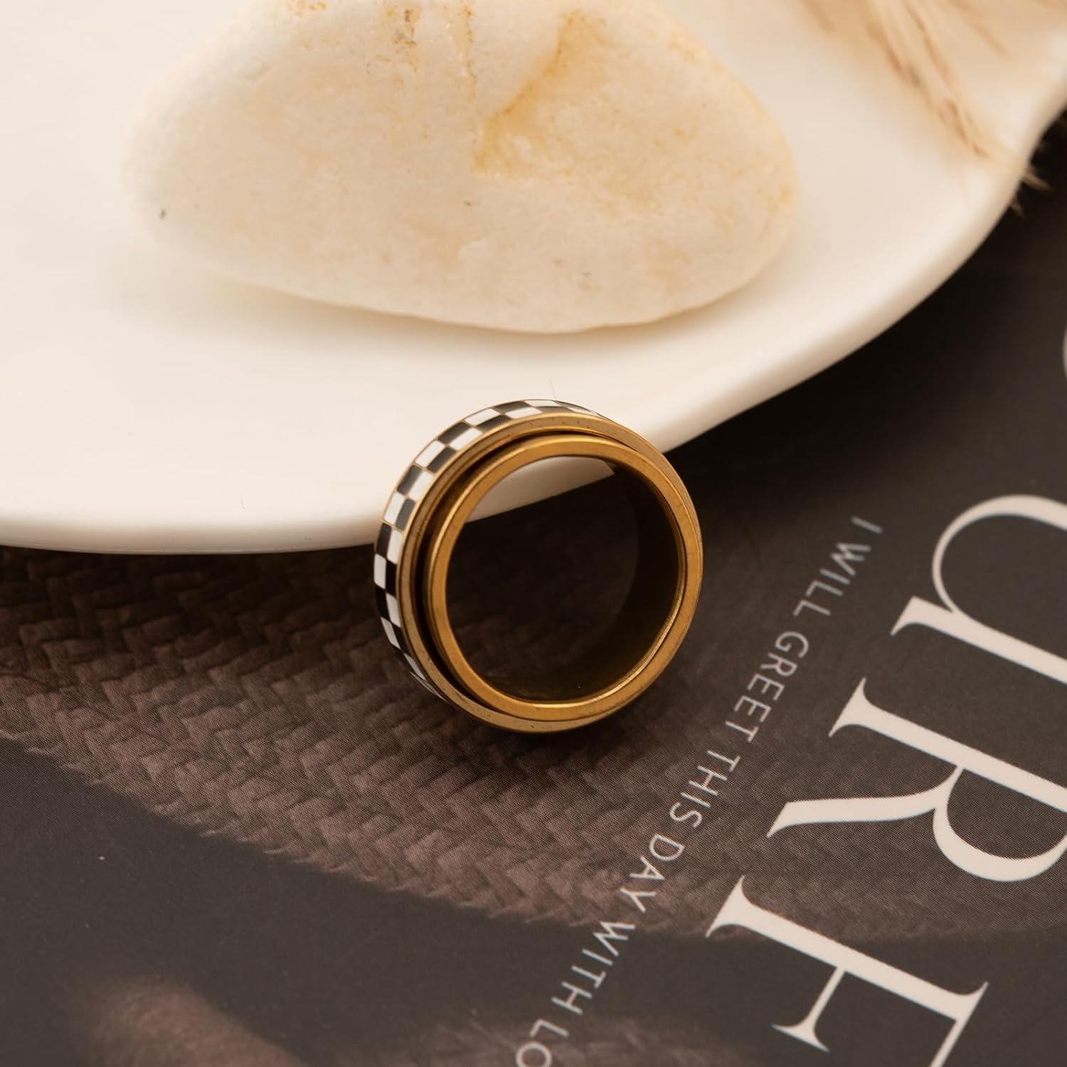 Checkered Fidget Mood Ring for Adults - 18K Gold Plated Stainless steel Rotating Spinner Statement stack mood Rings, Anxiety & Stress Relief Gift for Women/Men (Black and White Pattern) (Size 10) - Image 7