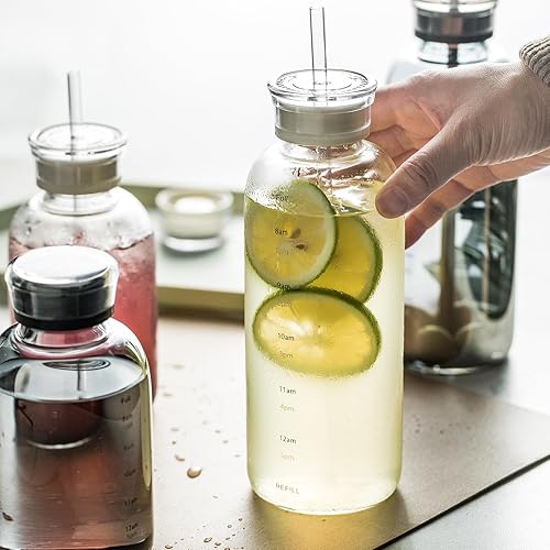 Miniatura 4 de Botella de agua de vidrio con marcador de tiempo, 15 onzas con 2 tapas y pajita, botellas de vidrio reutilizables, adecuadas para bebidas, jugos,