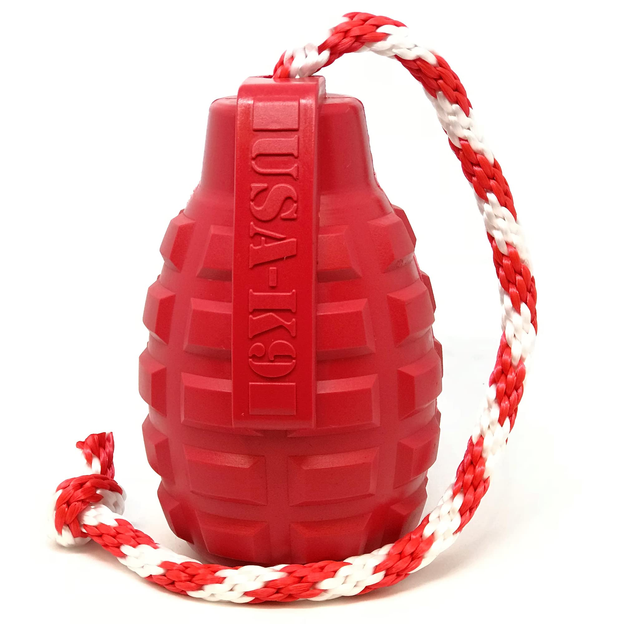 SodaPup USA-K9 Grenade Reward Toy - Durable Chew Toy With Rope -Treat Dispenser - Natural Rubber - Red Large