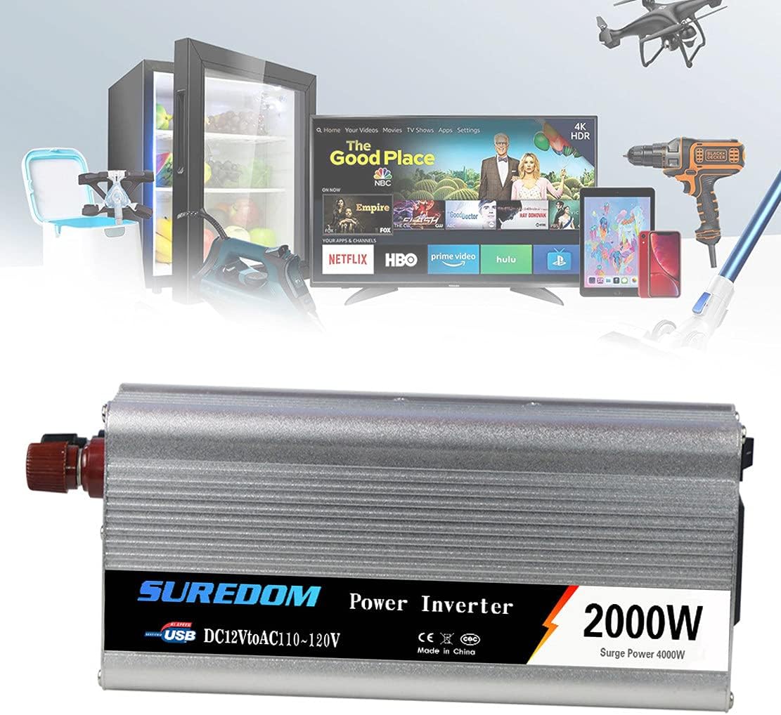 For Family Camping 2000W Power Inverter AC Outlets 12/24V DC to 110