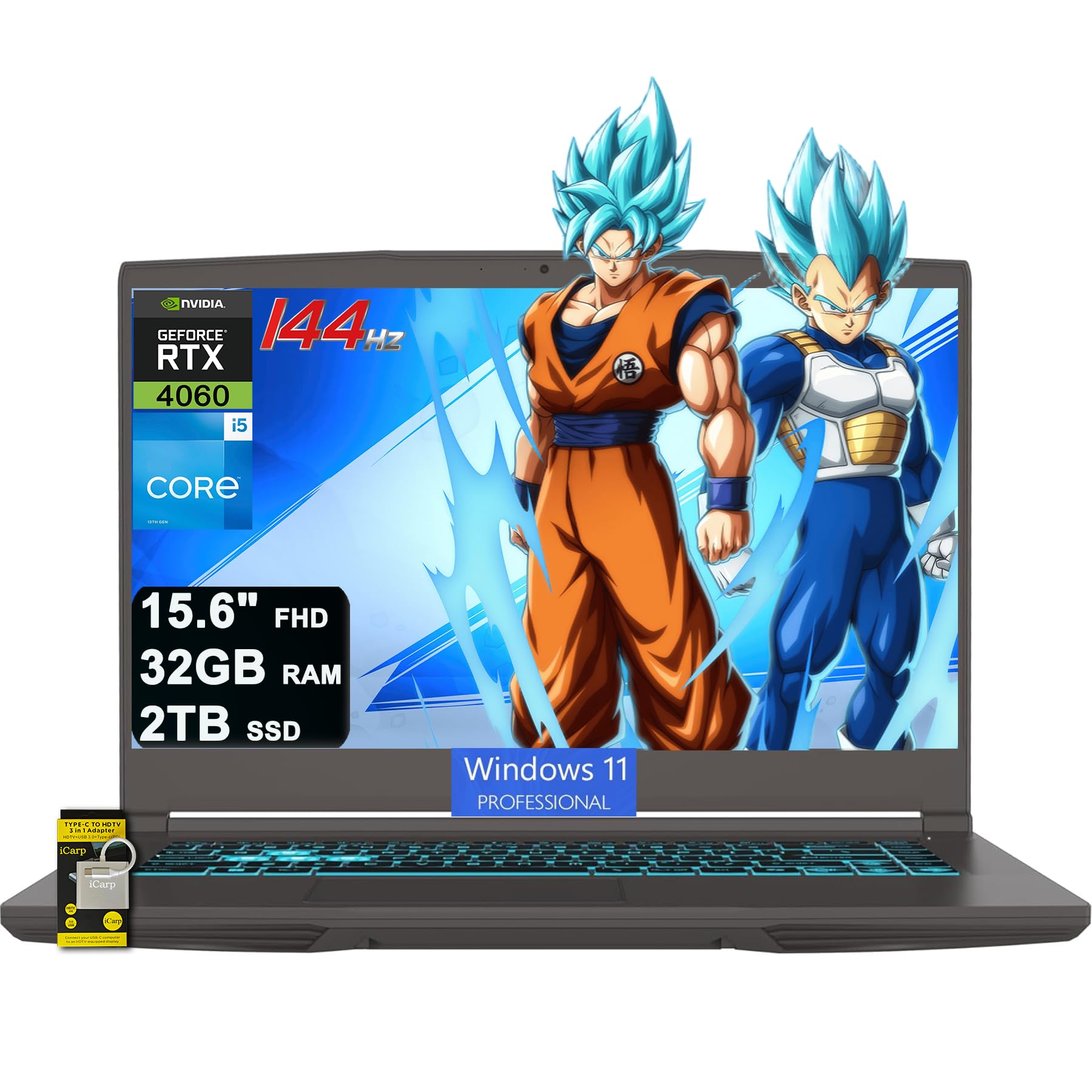 Thin 15 Gaming Laptop 15.6" FHD 144Hz Intel 8-core i5-13420H (>i7-12650H) 32GB DDR4 2TB SSD GeForce RTX 4060 Type-C Backlit Win11Pro ICP Hub