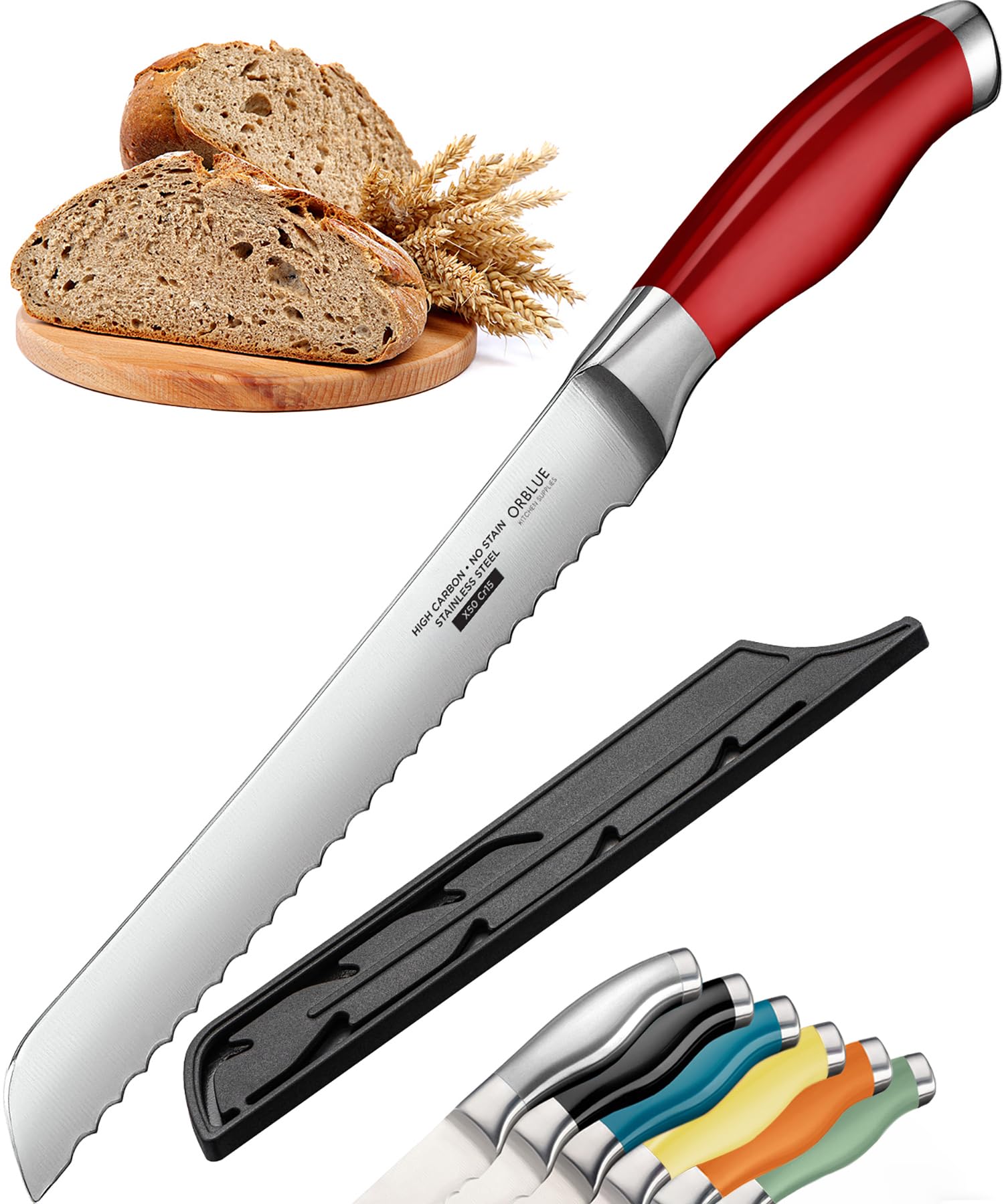 Orblue Serrated Bread Knife Ultra-Sharp Stainless Steel Professional Grade Bread Cutter - Cuts Thick Loaves Effortlessly - (8-Inch Blade with 4.9-Inch Handle), Red