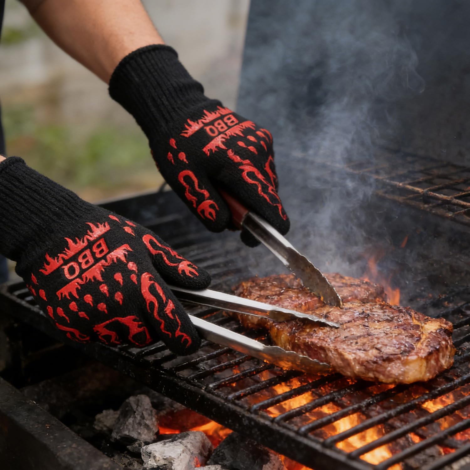 Grillhandschuhe Hitzebeständig bis 800°C,Ofenhandschuhe,Topfhandschuhe,Feuerfeste Handschuhe,BBQ Handschuhe,Kochhandschuhe,Backhandschuhe, Ideale für Ofen, BBQ, Kochen (L/XL/XXL, Rot) Garten