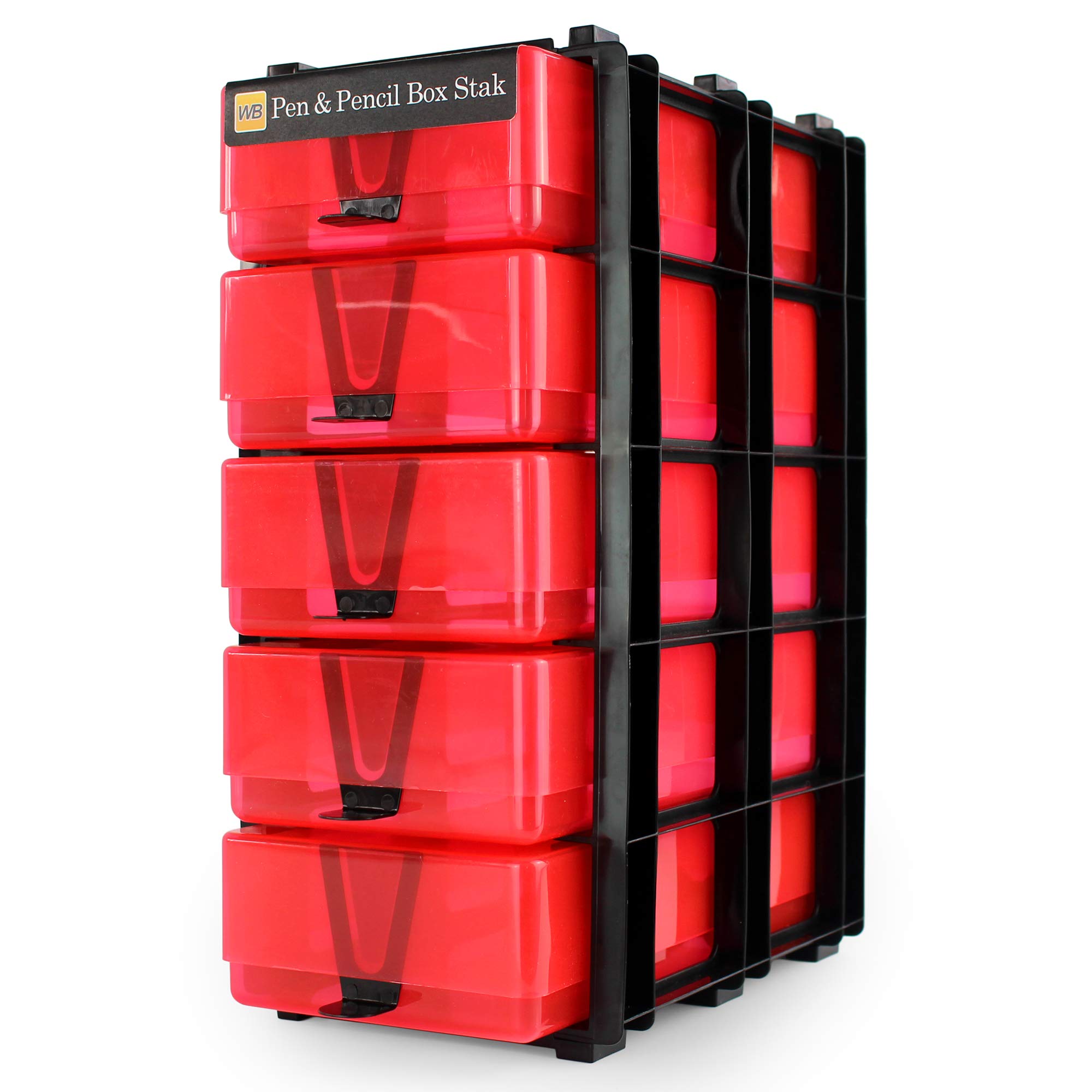 WestonBoxes Box Stak Storage Unit Including 5 Pen & Pencil Storage Boxes for Stationery and Office Supplies (Red, Pack of 1)