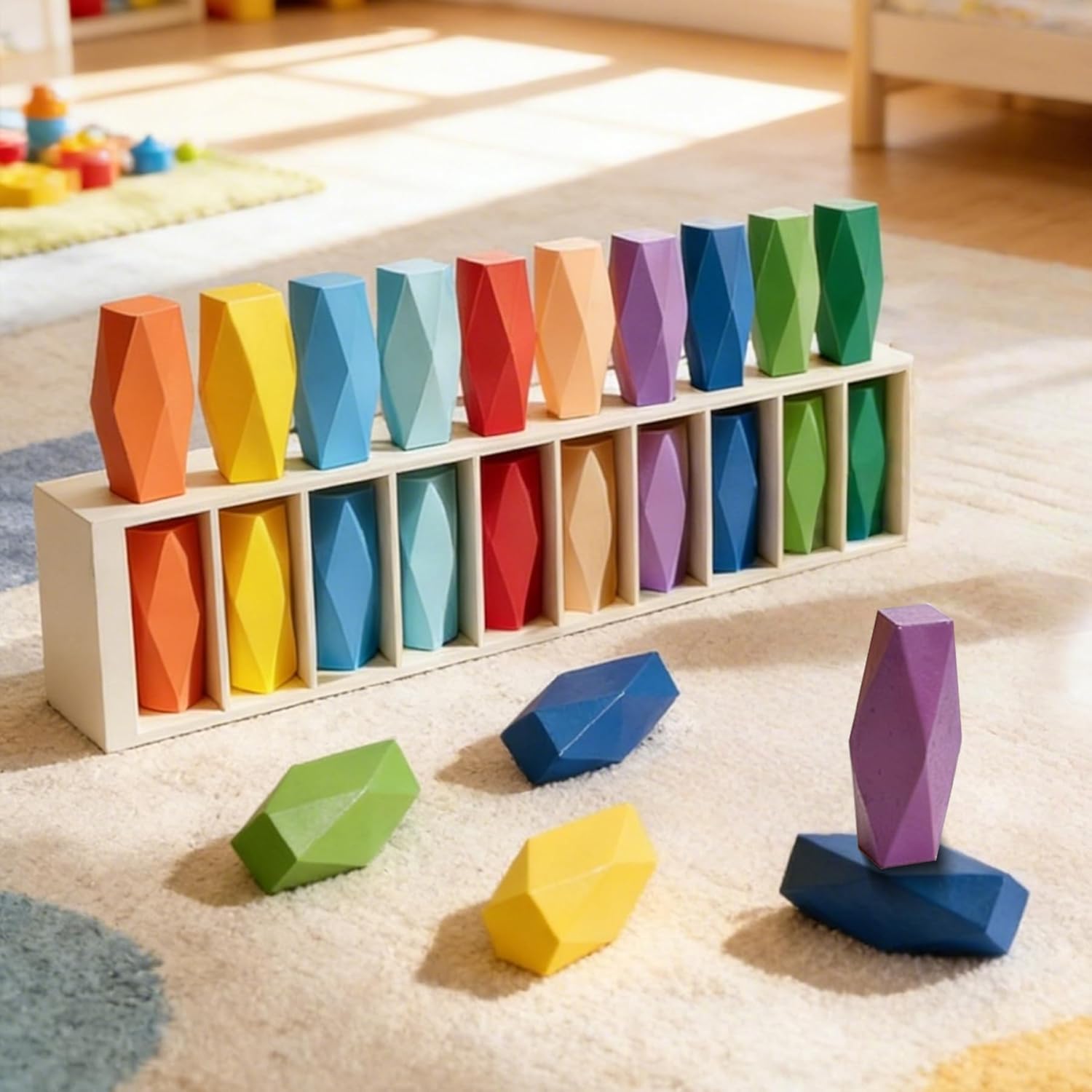 2-in-1 Wooden Color Matching & Stacking Blocks - Montessori Balance Building Toys for Toddlers 3+, Educational Learning Game for Family Game Night, Birthday Gift for Boys & Girls