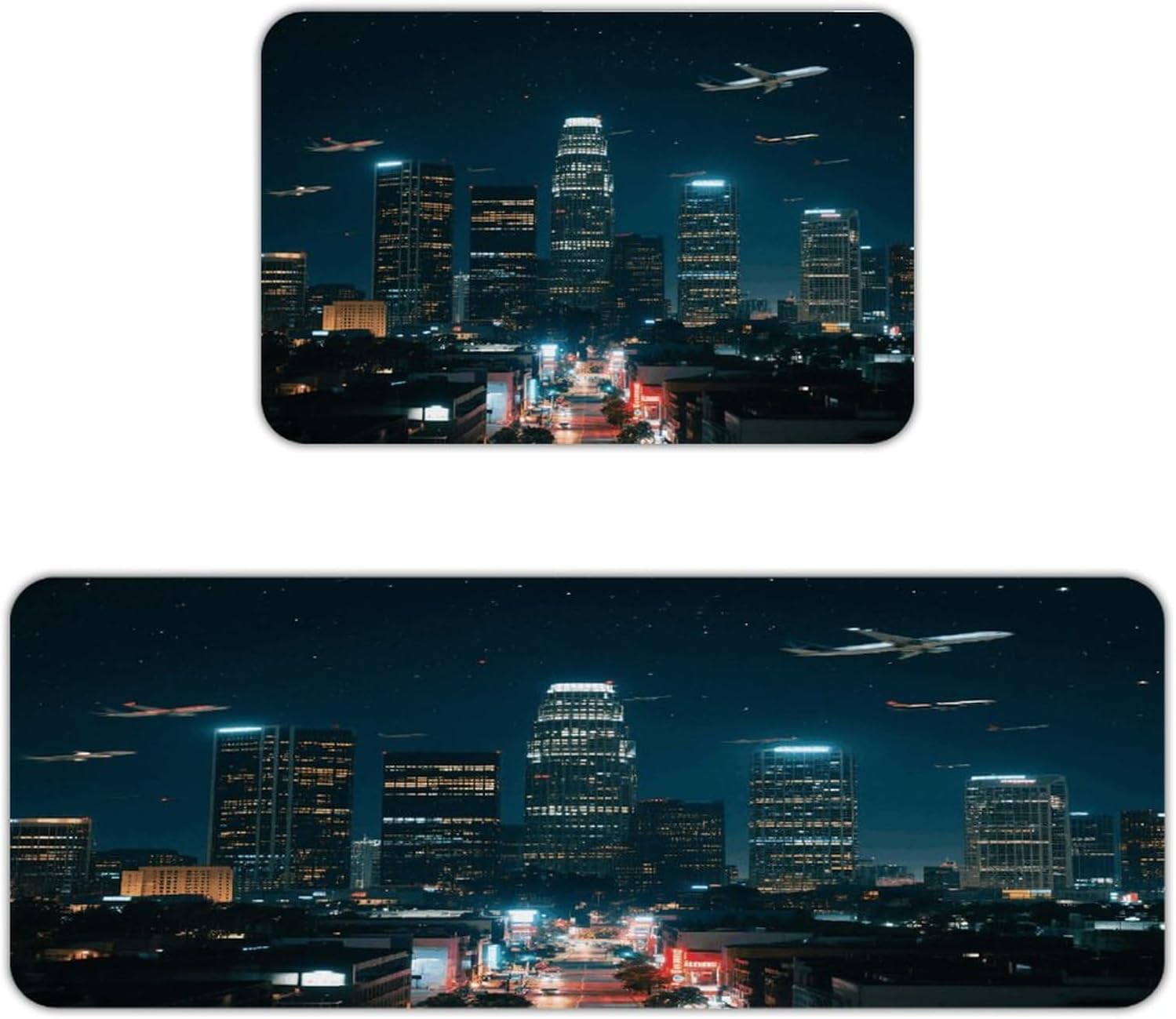 Los Angeles Skyline Kitchen Mat Set of 2 Ergonomic Comfort Velvet Rugs Cushioned Anti-Fatigue Non-Slip Standing Mats Thick Kitchen Floor Mat Carpet Runner Rugs 16"×24"+17"×47"